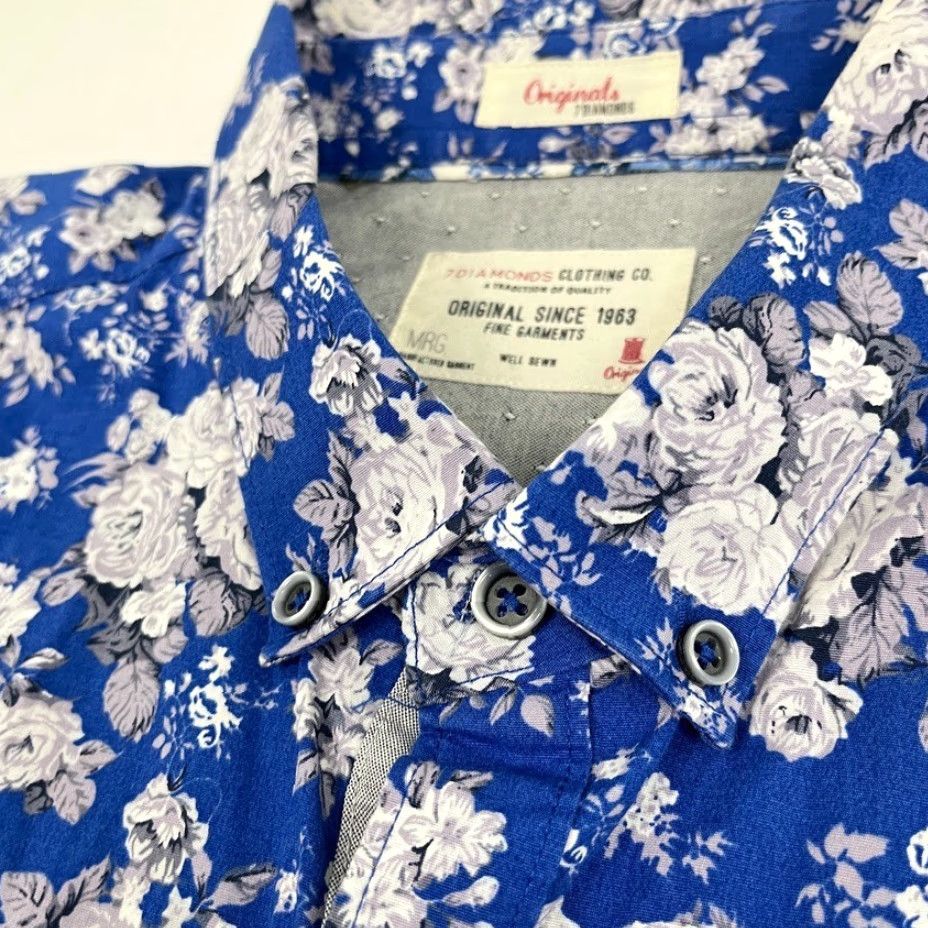 Vintage 7 Diamonds Shirt Mens M All Of Me Floral Blue White Button-Down Short Sleeve Stretch Regular Fit Size US M / EU 48-50 / 2 - 7 Thumbnail