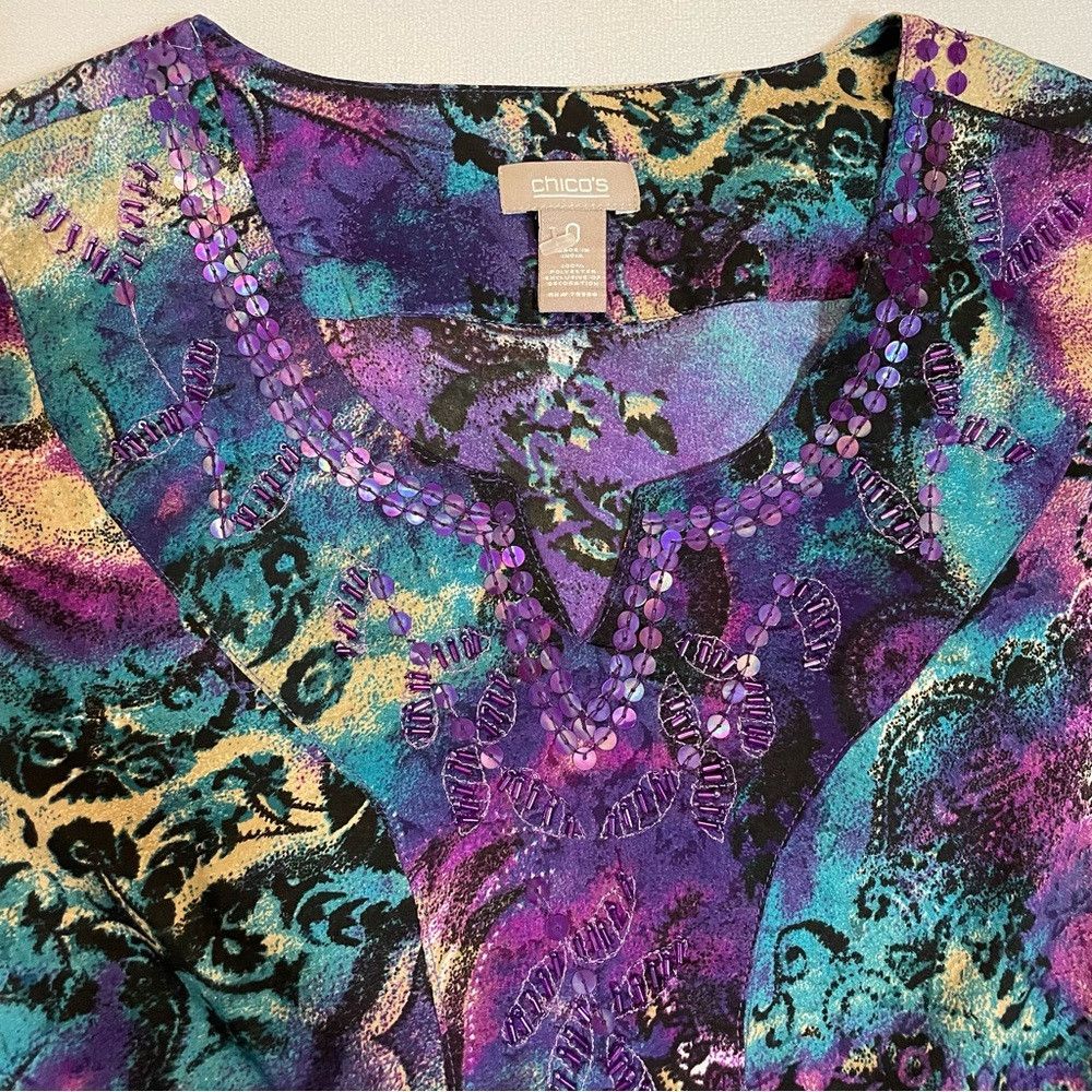 Chicos New Chico's Purple Blue Paisley Sequins Long Sleeve Tunic S Size S / US 4 / IT 40 - 9 Thumbnail