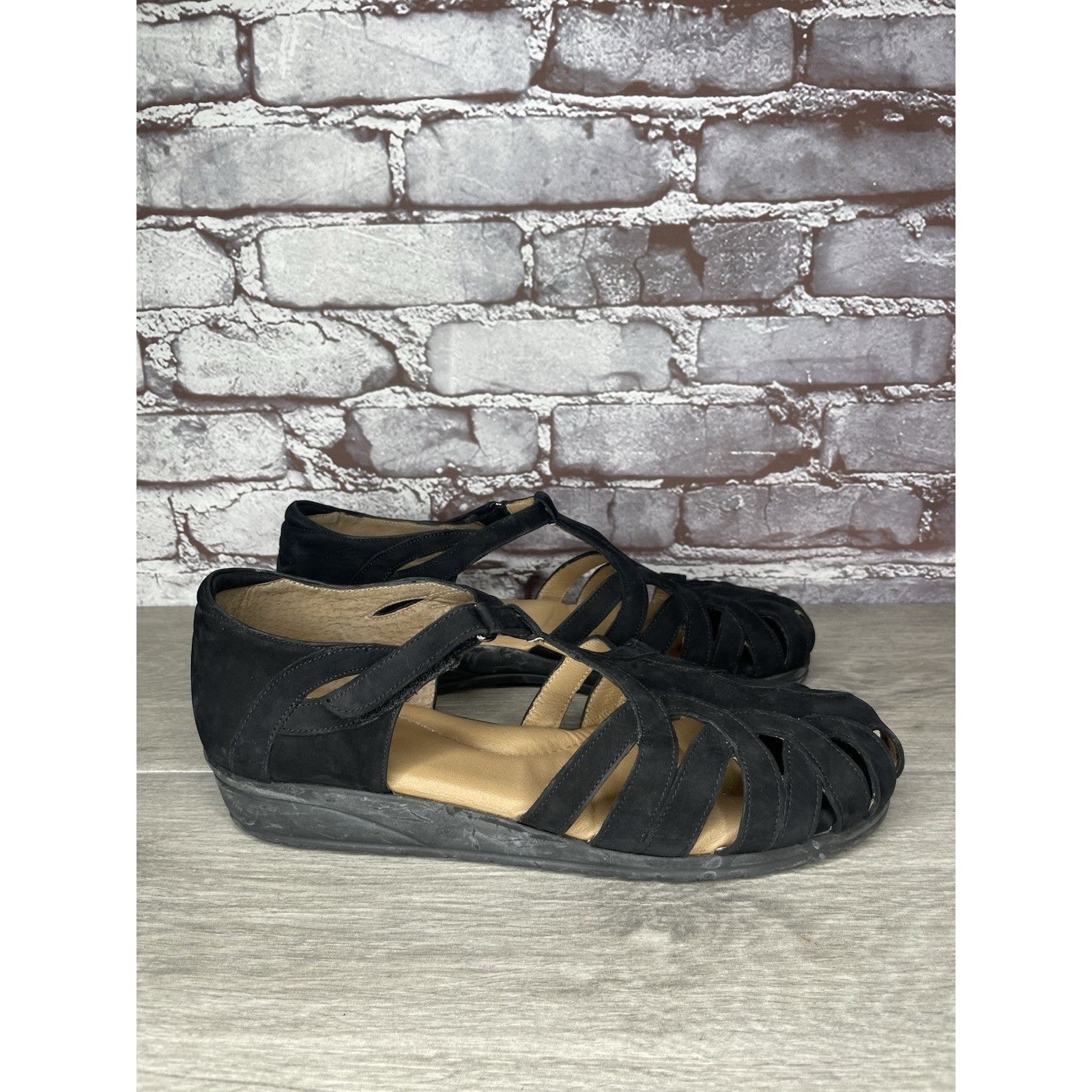 Beautiful Ful BeautiFeel Black Suede Leather Fisherman Strap Wedge Sandals Size US 12 / IT 42 - 12 Thumbnail