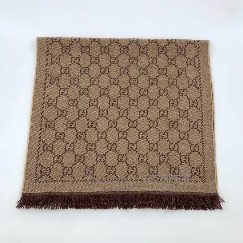 Gucci Gucci Brown logo jacquard full print wool tassel scarf Size ONE SIZE - 1 Thumbnail
