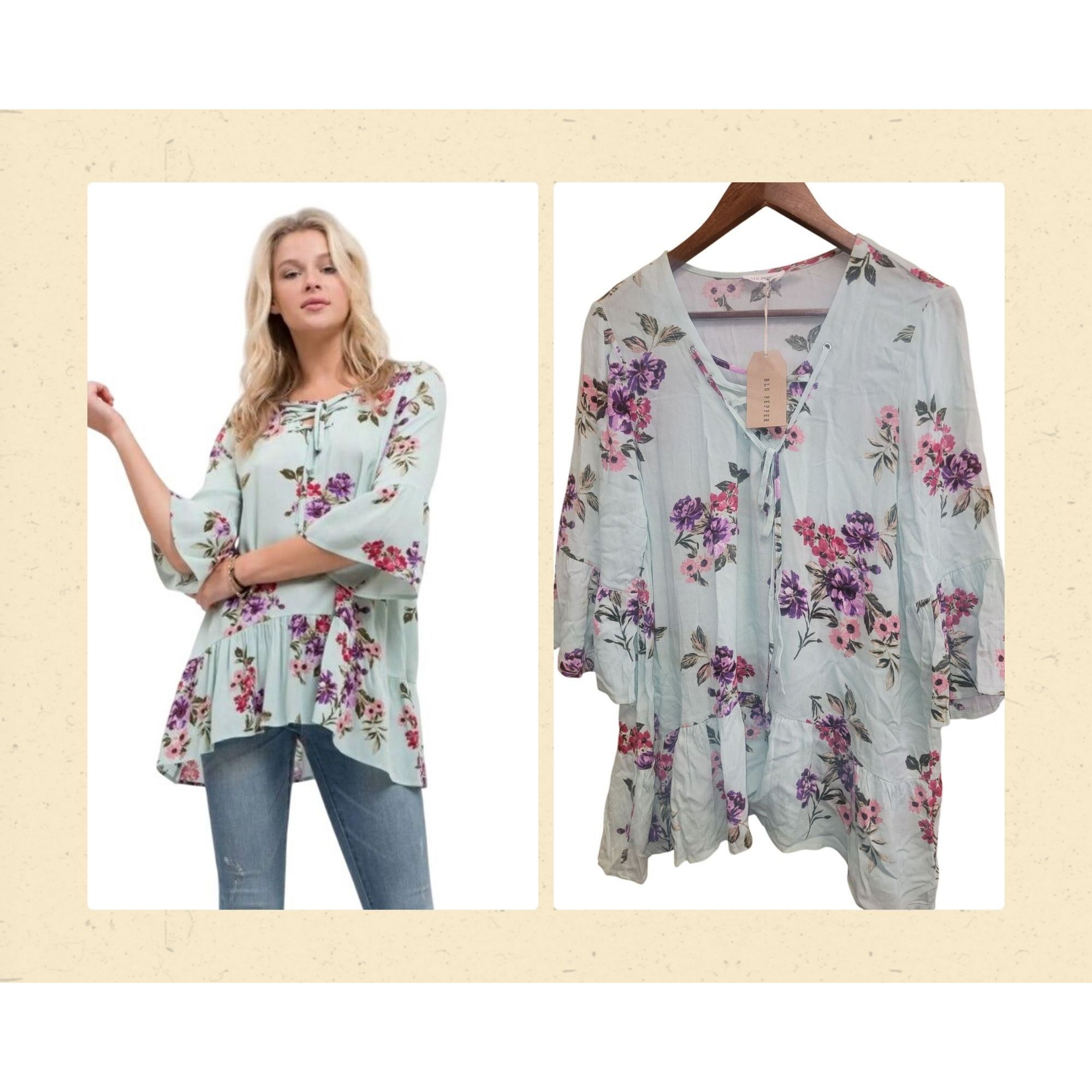 Other Blu Pepper Floral Tunic Top W/ Lace-Up Neckline & Ruffle Hem Size L / US 10 / IT 46 - 1 Thumbnail