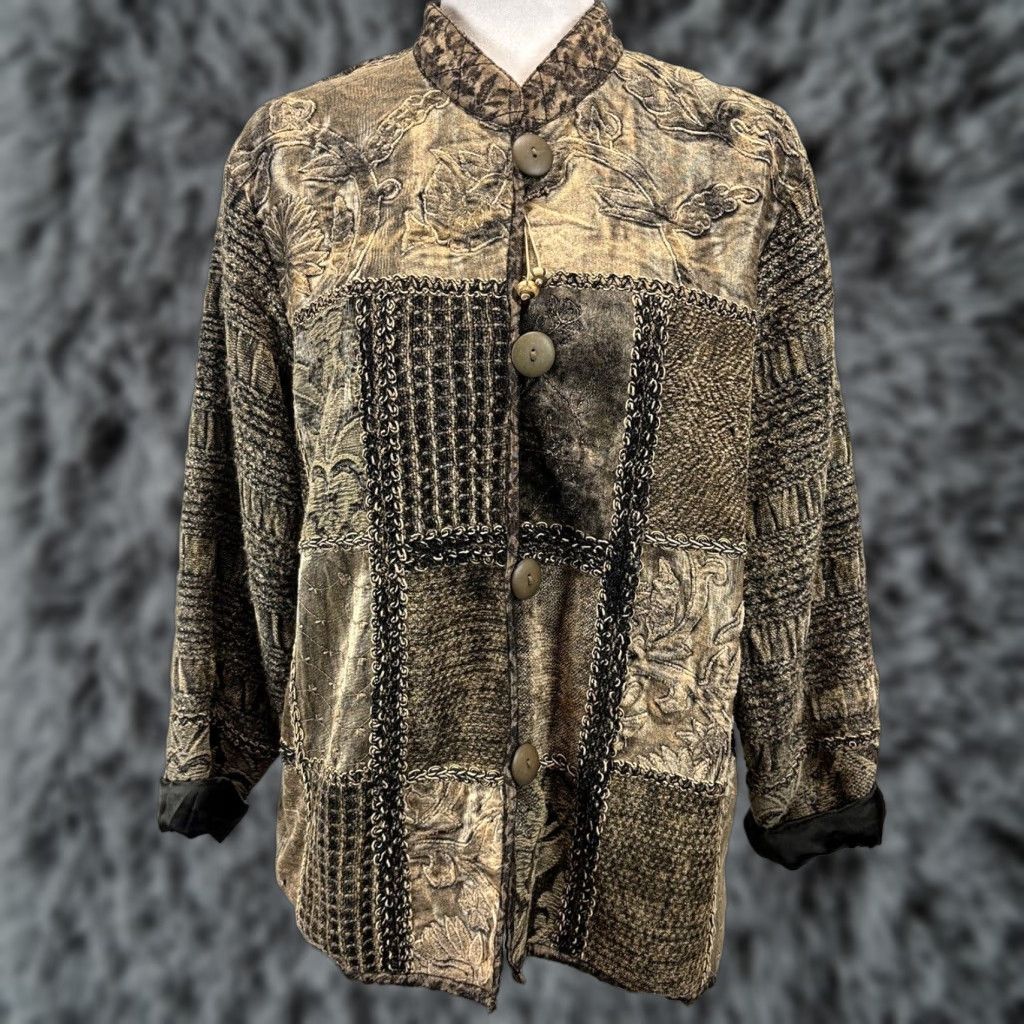 Velour VINTAGE Flashback Velour Jacket Embroidered Lace Women Mid-Length Brown Green 90s Retro Boho Velvet Jacket Womens M Size M / US 6-8 / IT 42-44 - 1 Thumbnail