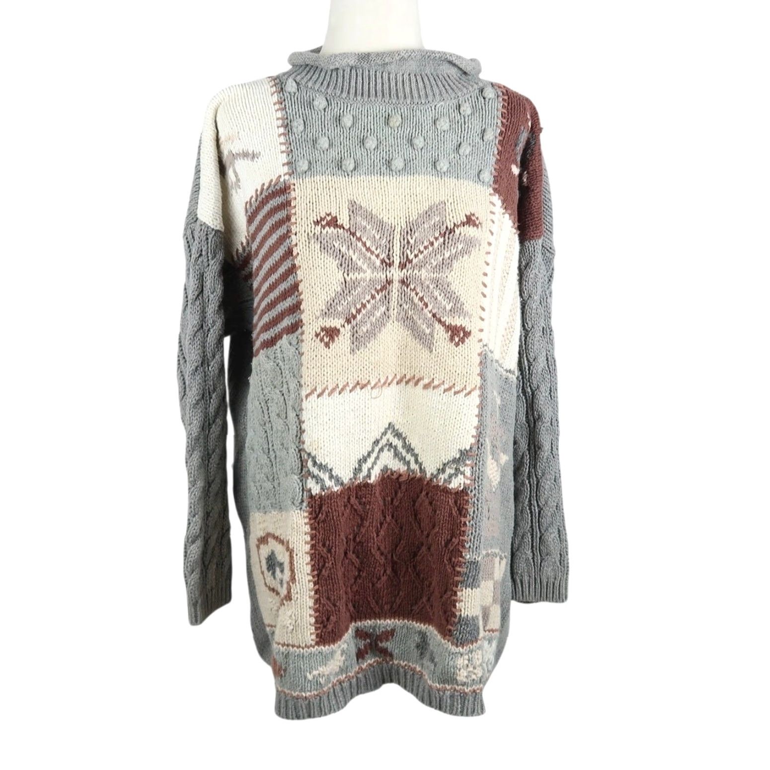 Vintage VINTAGE 90s Snowflake Patchwork Rollneck Sweater L Women Gray Brown Wool? No, Cotton Ramie Knit Pullover Size L / US 10 / IT 46 - 2 Thumbnail
