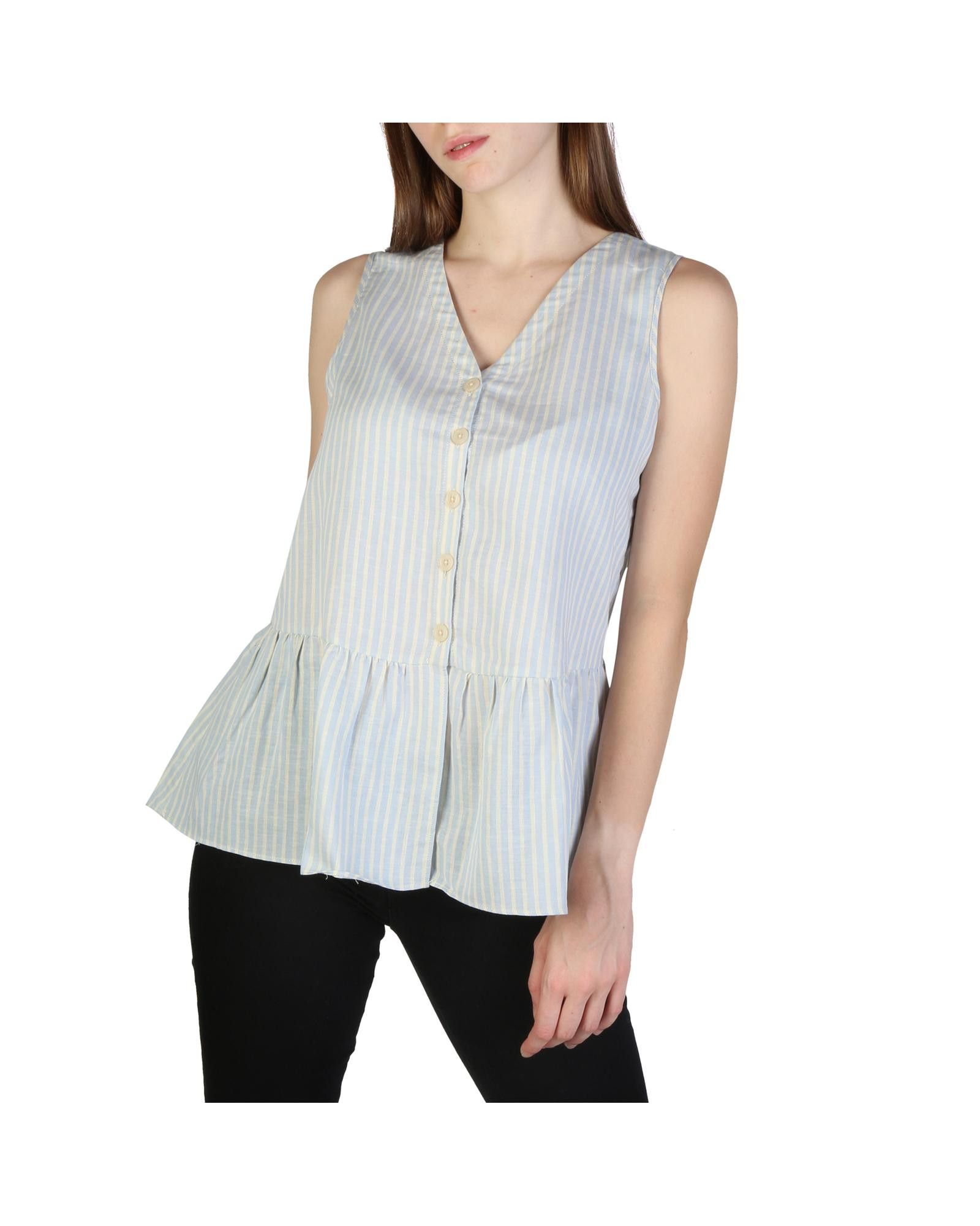 image of Armani Exchange Sleeveless Striped V-Neck Cotton Linen Top With Button Fastening in Blue, Women's (