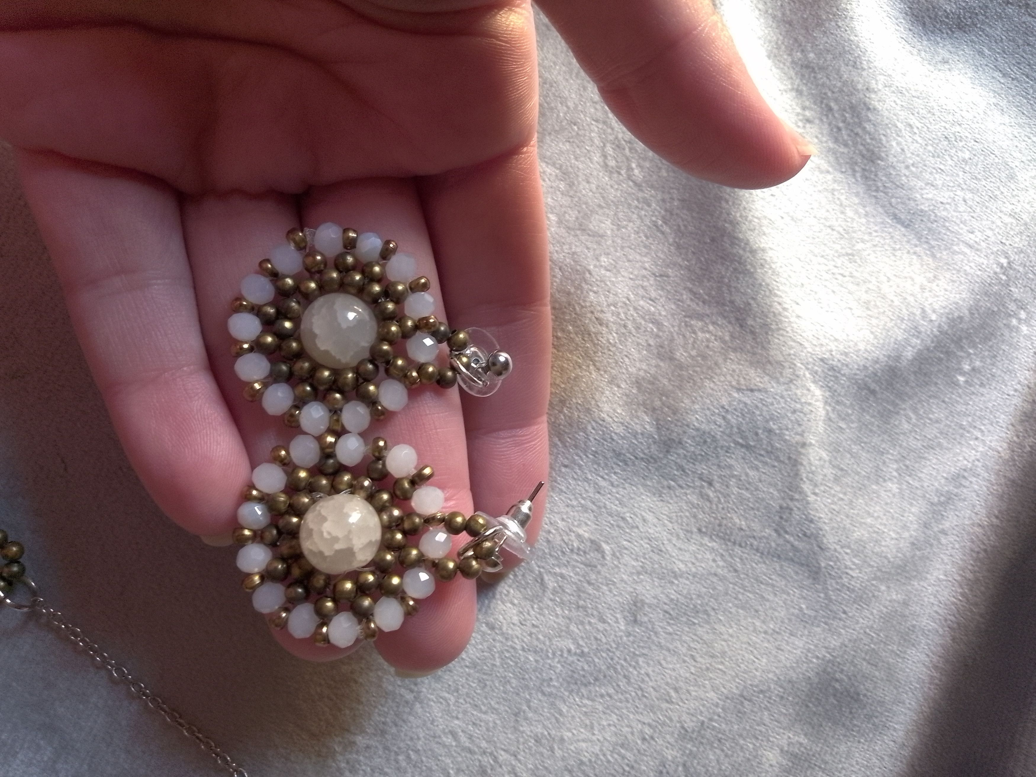 Handmade Necklace. Long. Earrings. White Gemstone. Crystal, brass Size ONE SIZE - 5 Thumbnail