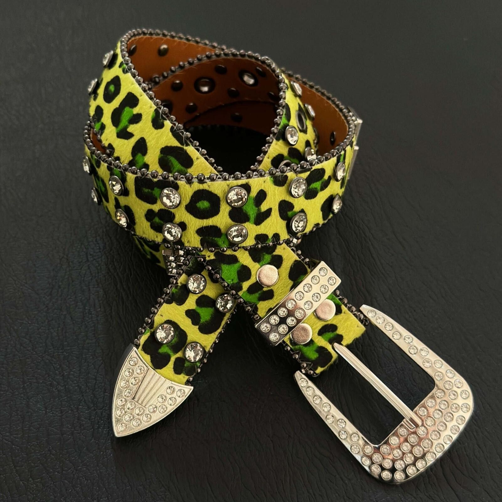 Other Green Leopard Cross Crystal Belt | Y2K Rhinestone 115cm Size ONE SIZE - 1 Thumbnail