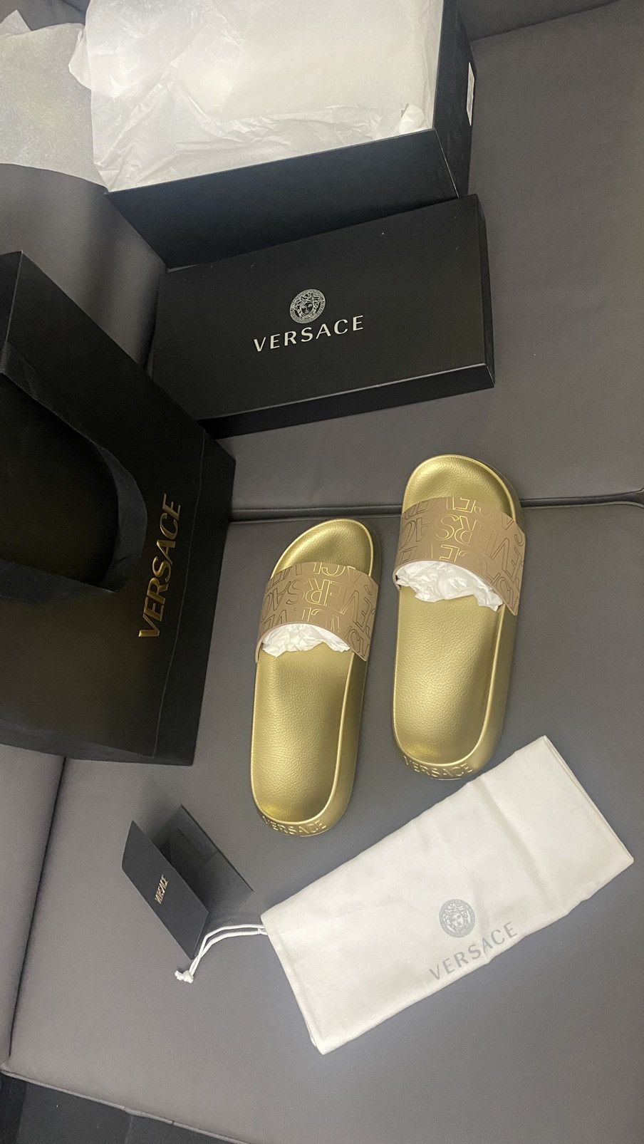 Versace Versace Gold Allover open-toe slides Size US 10 / EU 43 - 3 Thumbnail