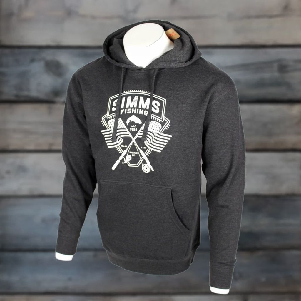Vintage Simms Fishing Men's Hoodie Rods & Stripes Hoody M Medium Charcoal Heather Gray Size US M / EU 48-50 / 2 - 1 Thumbnail
