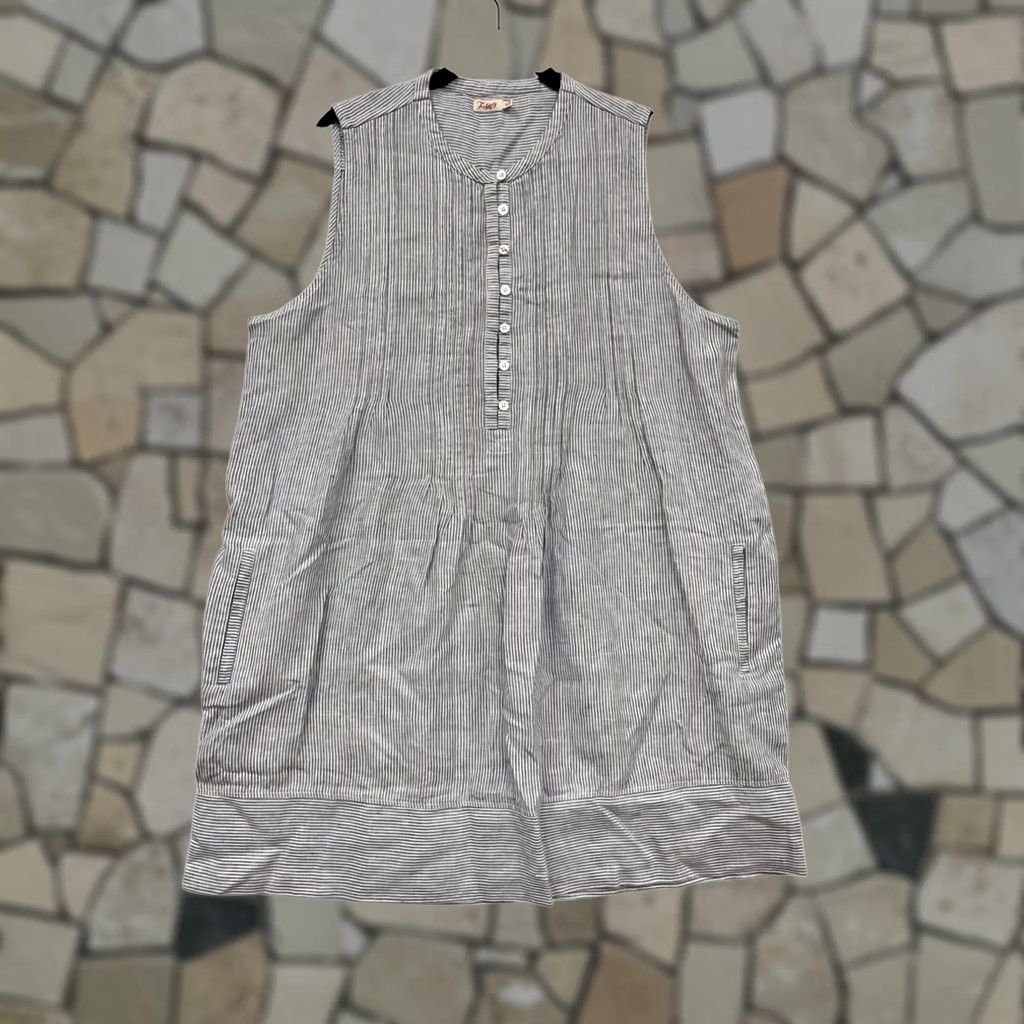 FLAX FLAX XL Sleeveless Striped Button-Front Dress Women's XL Blue Linen Woven Tank Dress Pockets Casual Summer Spring Knee Length Vintage: No Size XL / US 12-14 / IT 48-50 - 1 Thumbnail