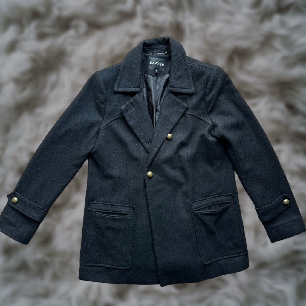 Express Express Pea Coat Womens Large Wool Blend Black Buttons Pockets Size L / US 10 / IT 46 - 1 Thumbnail