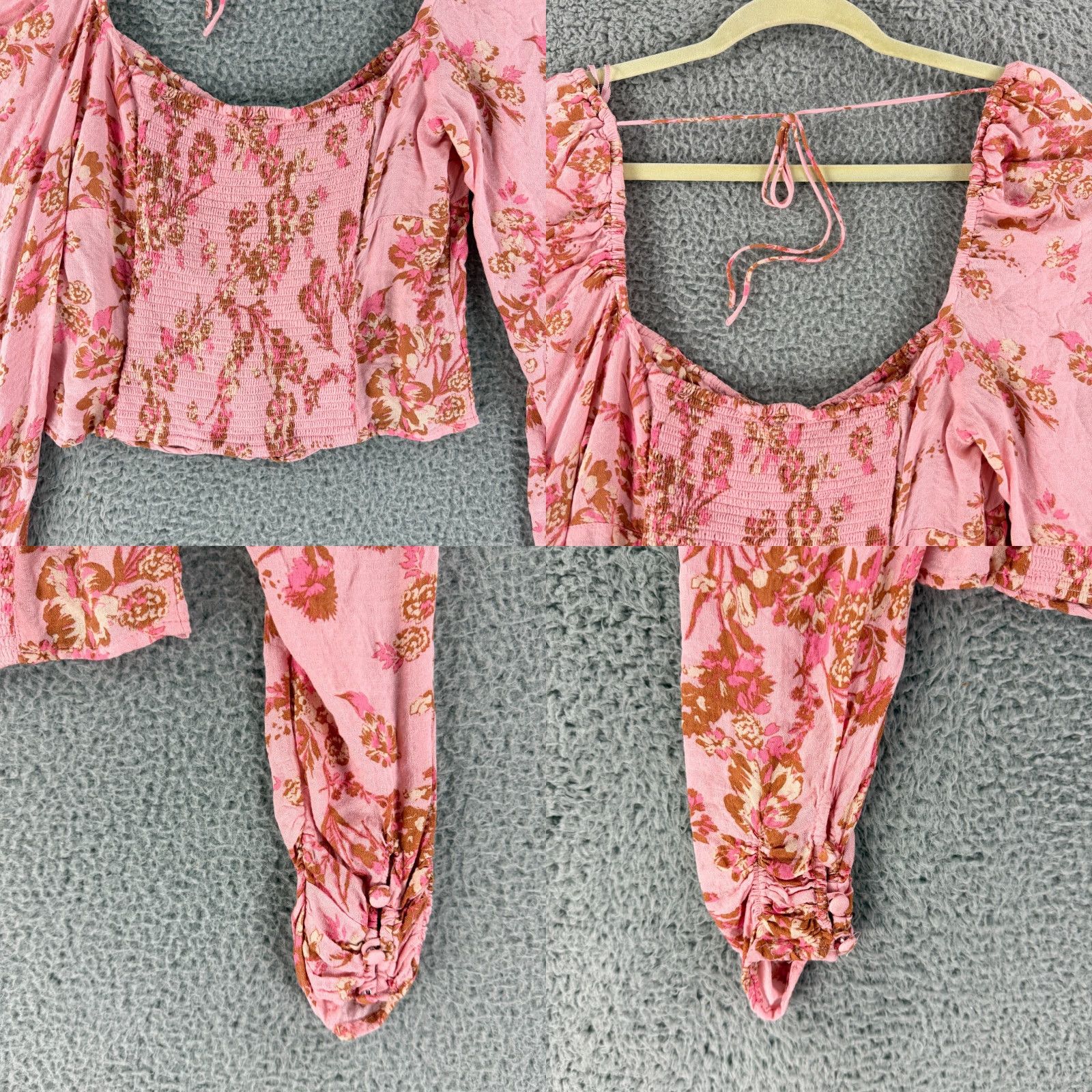 Free People Free People Hilary Top Blouse Womens M Pink Floral Long Sleeve Smocked Square Neck Size M / US 6-8 / IT 42-44 - 9 Thumbnail