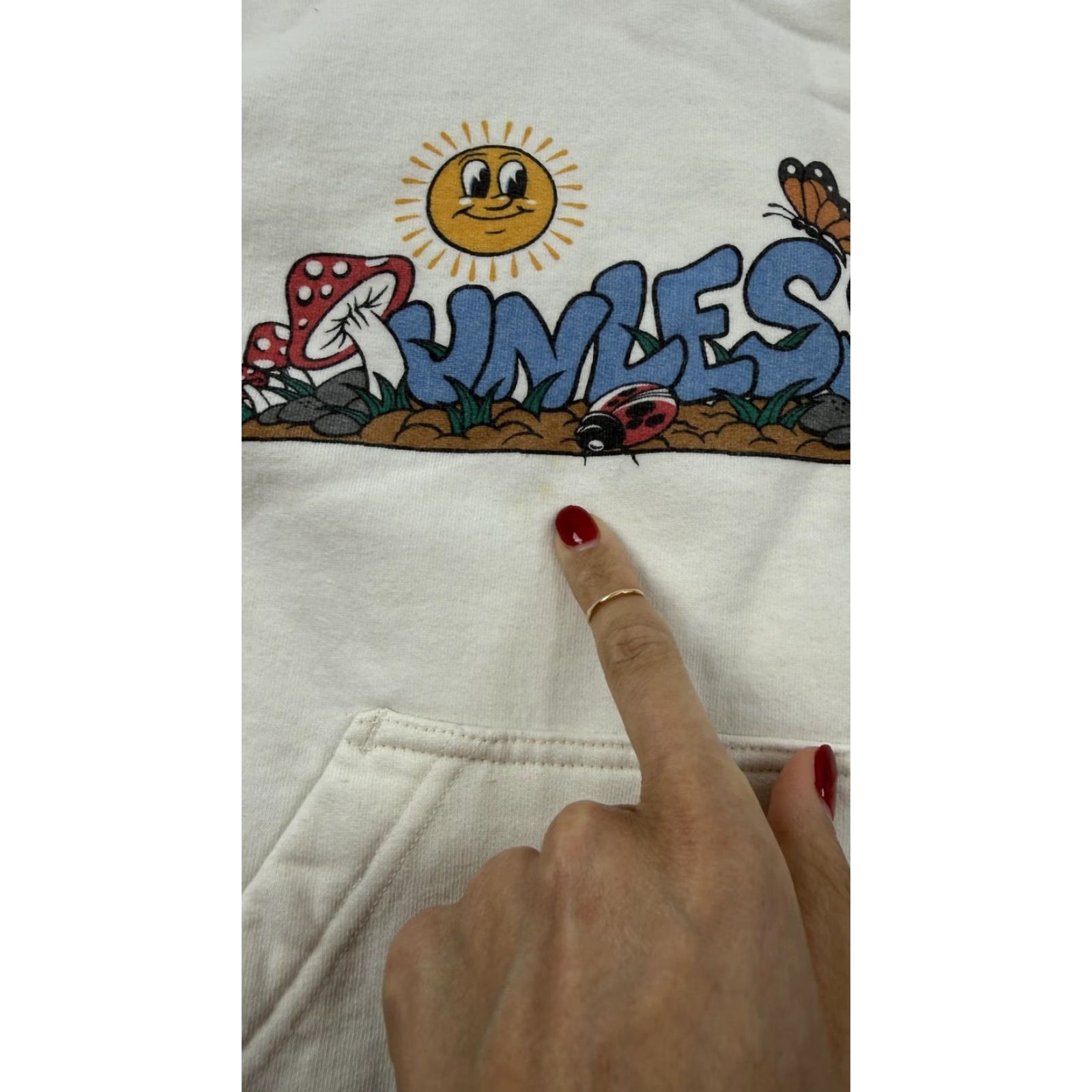 Vintage Unless Hoodie Mens Small White Fleece Pullover Sweatshirt Graphic Print Nature Cartoon Size US S / EU 44-46 / 1 - 6 Thumbnail