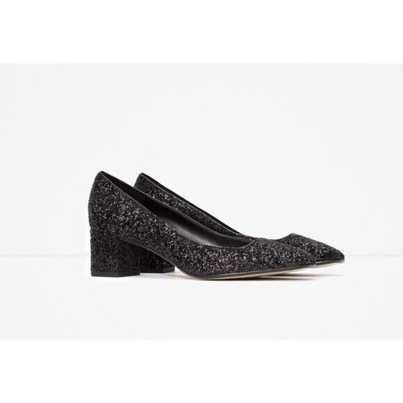 Zara Zara Black Glitter Block Heels - 36/5.5-6US, BNWOTs! 🇵🇹 Size US 6 / IT 36 - 2 Thumbnail