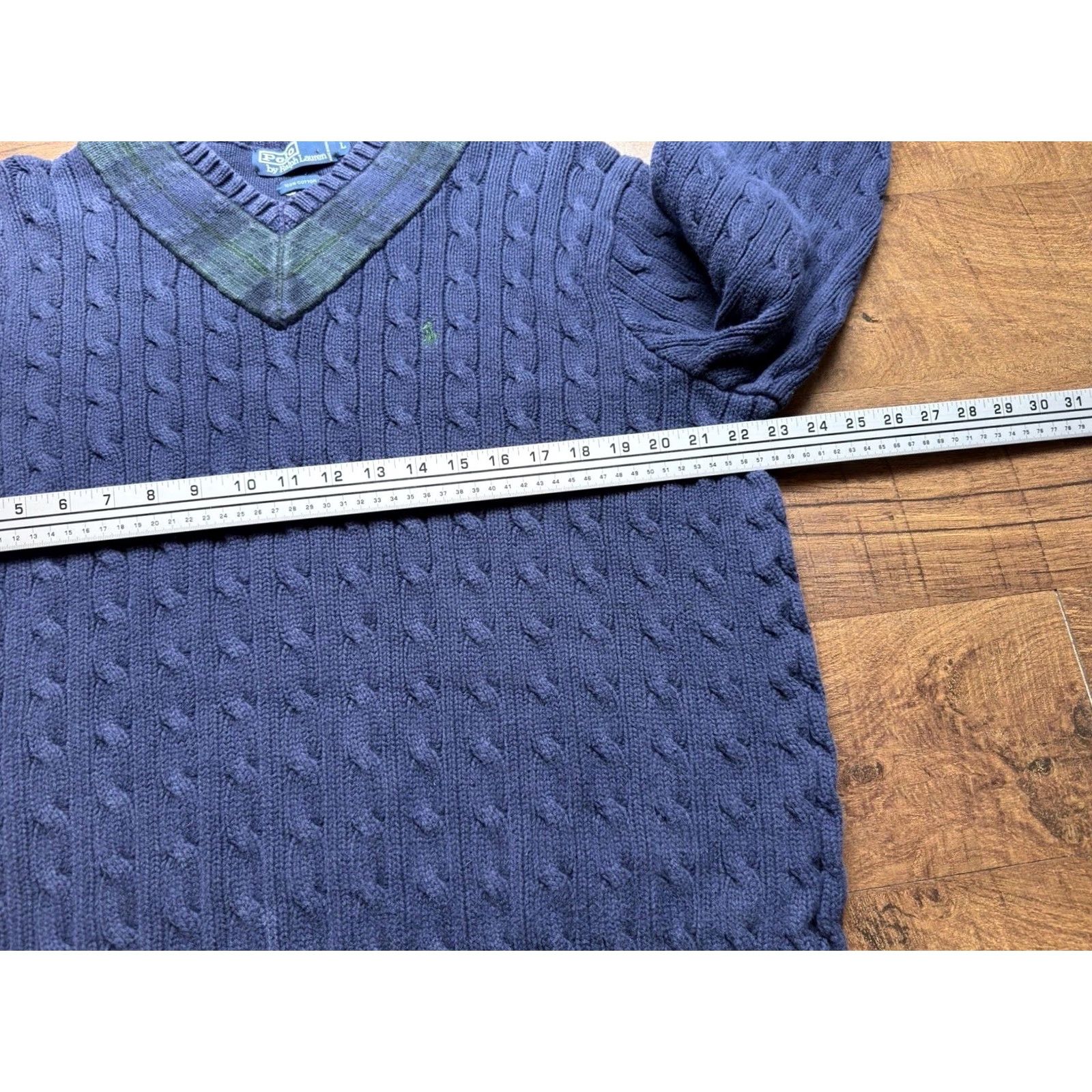 Ralph Lauren VTG Polo Ralph Lauren Cable Knit Cricket Sweater Navy Blue Plaid Collar Men's Large Size US L / EU 52-54 / 3 - 6 Thumbnail