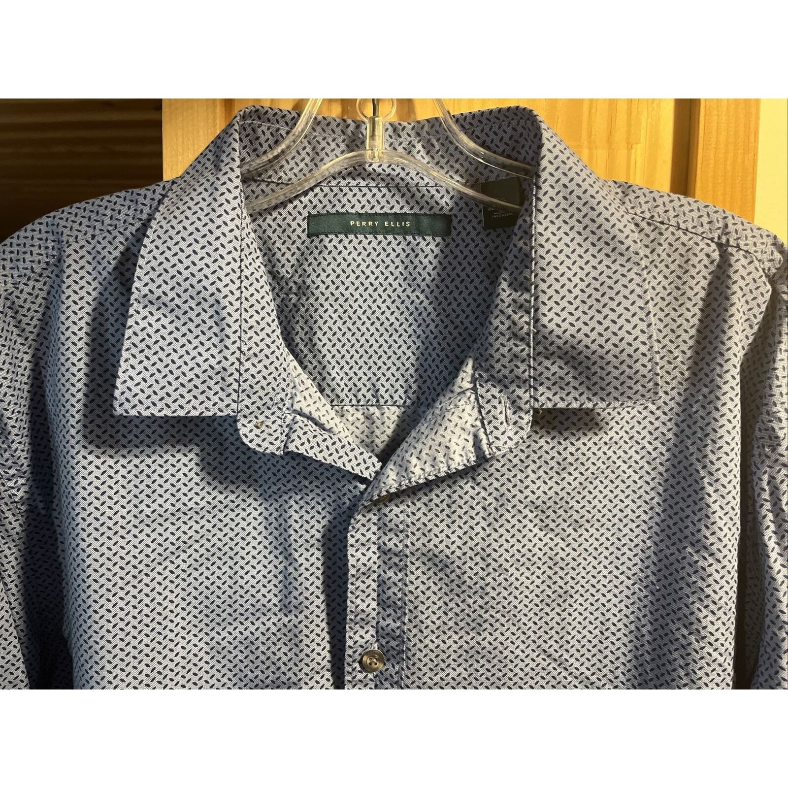 Perry Ellis Perry Ellis Men’s XXL Blue Geometric LS Button Cotton Shirt Size US XXL / EU 58 / 5 - 8 Thumbnail