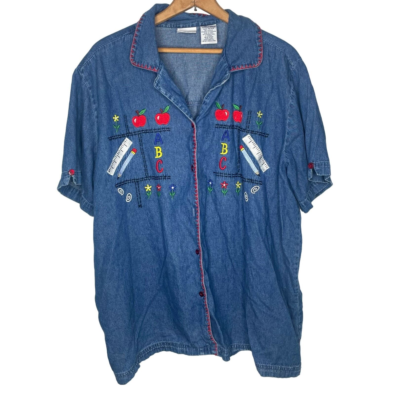 Vintage Vintage Bobbie Brooks Embroidered Teacher Denim Button Down Size 3XL / US 20-22 - 1 Thumbnail