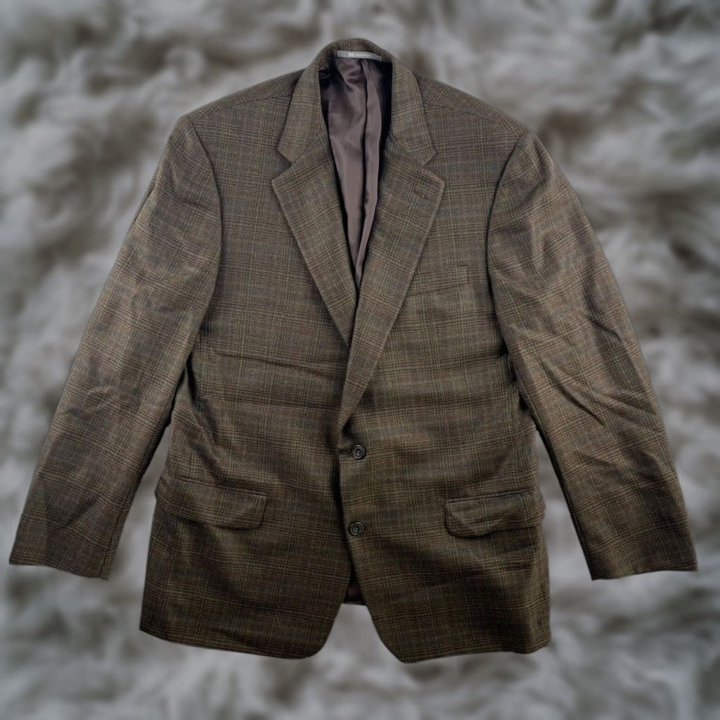 Vintage Hickey Freeman Blazer Jacket Wool Blend Plaid 42 Regular Brown Mens Two-Button Notch Lapel Size 42R - 1 Thumbnail