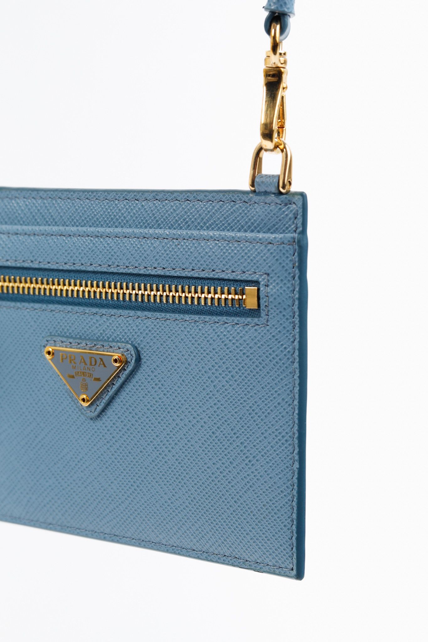 Prada Blue Saffiano Leather Shoulder-Strap Card Holder