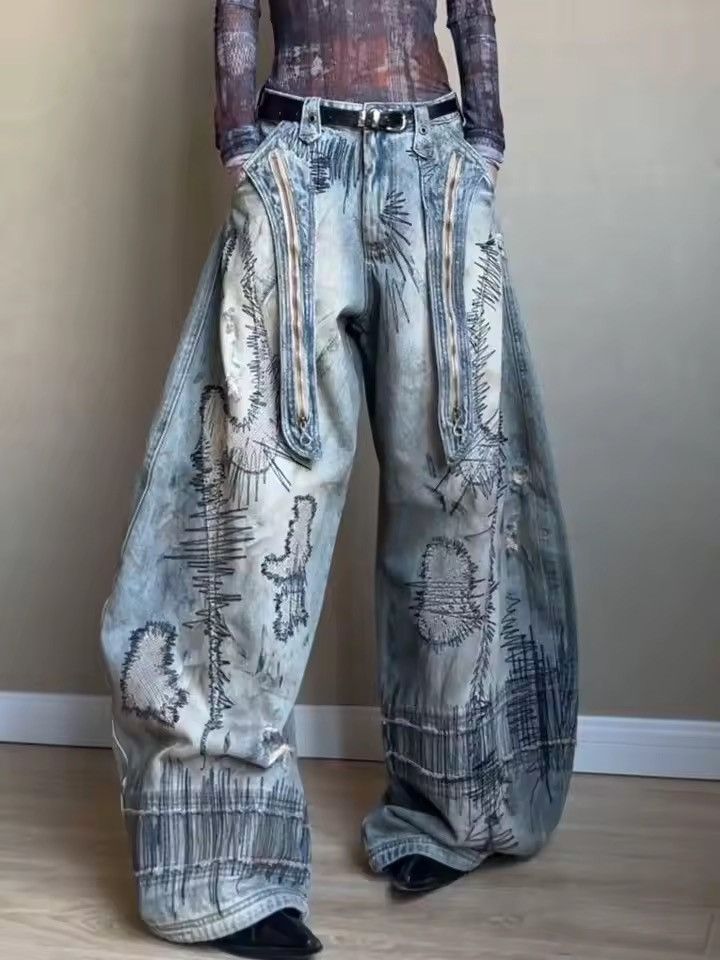 Japanese Brand Distressed and Printed Design, Loose and Wide-leg Pant Size US 27 - 1 Thumbnail