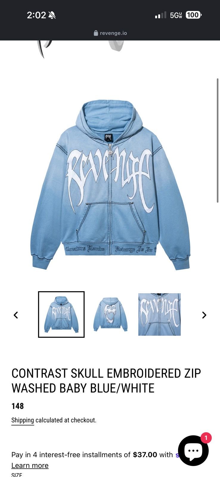 Revenge Revenge Contrast Skull Embroidered Zip Washed Baby Blue Size US L / EU 52-54 / 3 - 2 Thumbnail