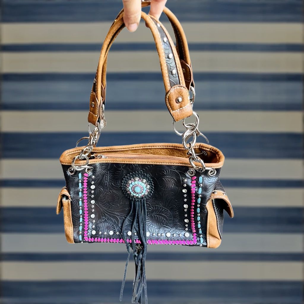 Vintage VINTAGE? No — Montana West Shoulder Bag Women's Purse Black Faux Leather Concho Collection Modern 13in 8in 5in Zip Inner Pockets Fringe Leather Strap Size ONE SIZE - 1 Thumbnail