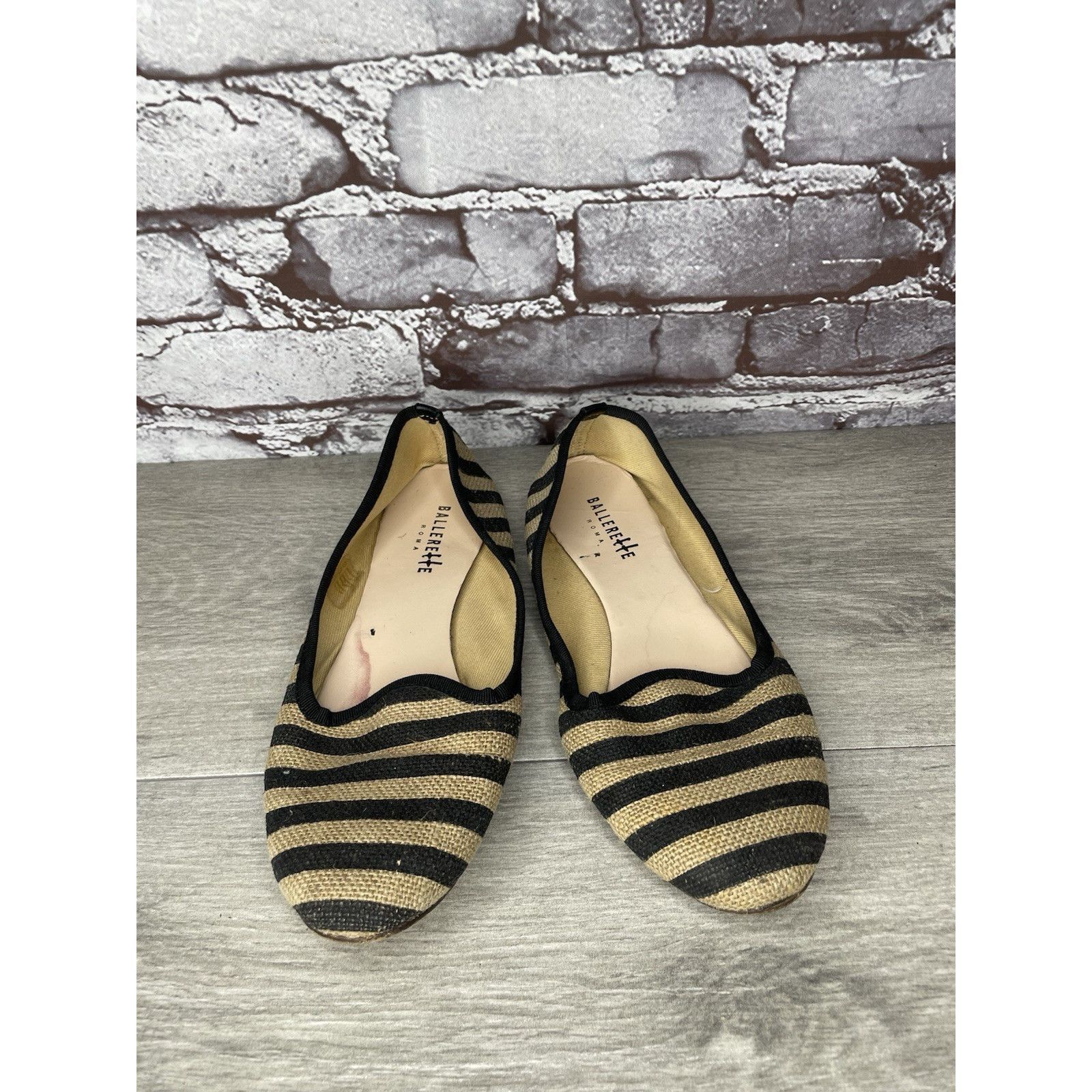 Other Ballerette Roma Tan Black Stripe Canvas Fabric Ballet Flats Size US 6.5 / IT 36.5 - 9 Thumbnail
