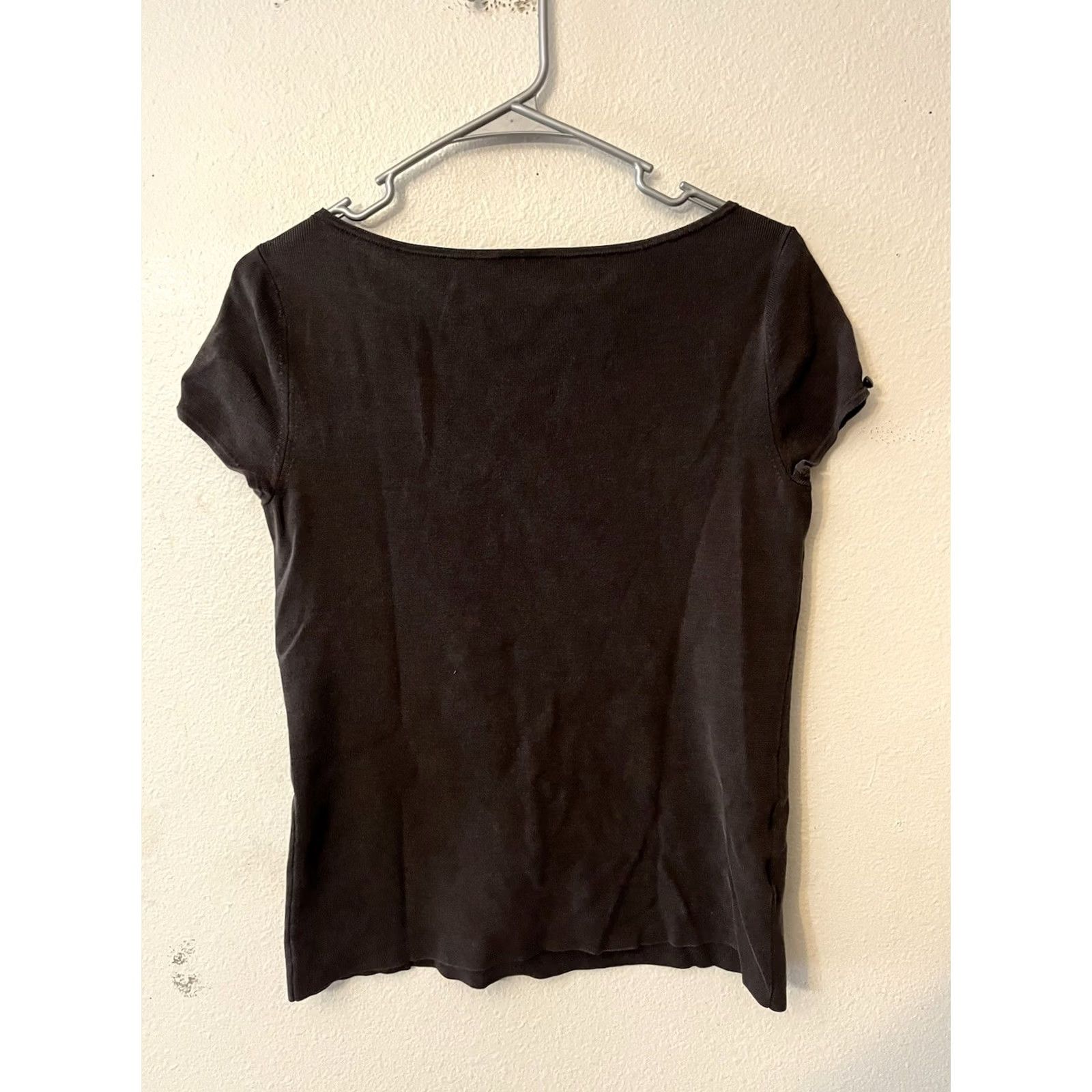 Ann Taylor Ann Taylor Brown Solid T Shirt Top Womens Size M Short Sleeve Crochet Flutter Sleeve Crew Neck Casual Knit 100% Cotton Size M / US 6-8 / IT 42-44 - 3 Thumbnail