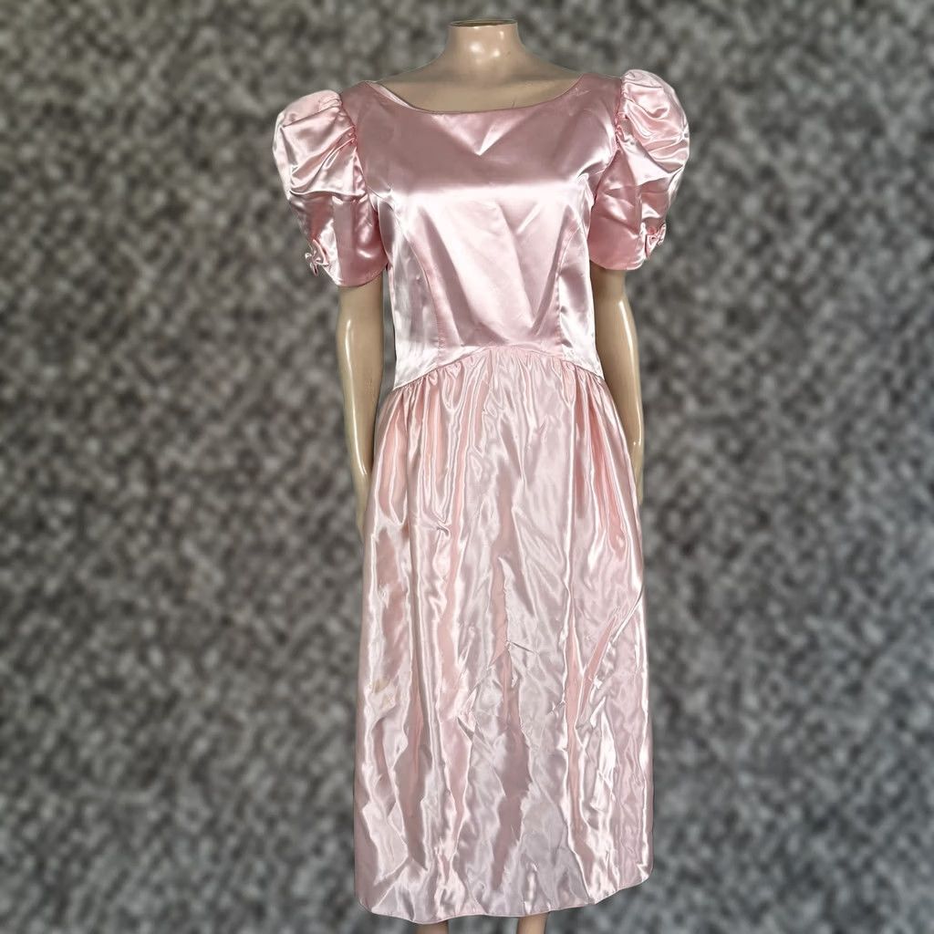 Vintage VINTAGE 80s 90's Women Dress Formal Satin Bow Puff Sleeve Long Pink Office Party Ball Gown Womens S Short Sleeve Round Neck Zip Size S / US 4 / IT 40 - 1 Thumbnail