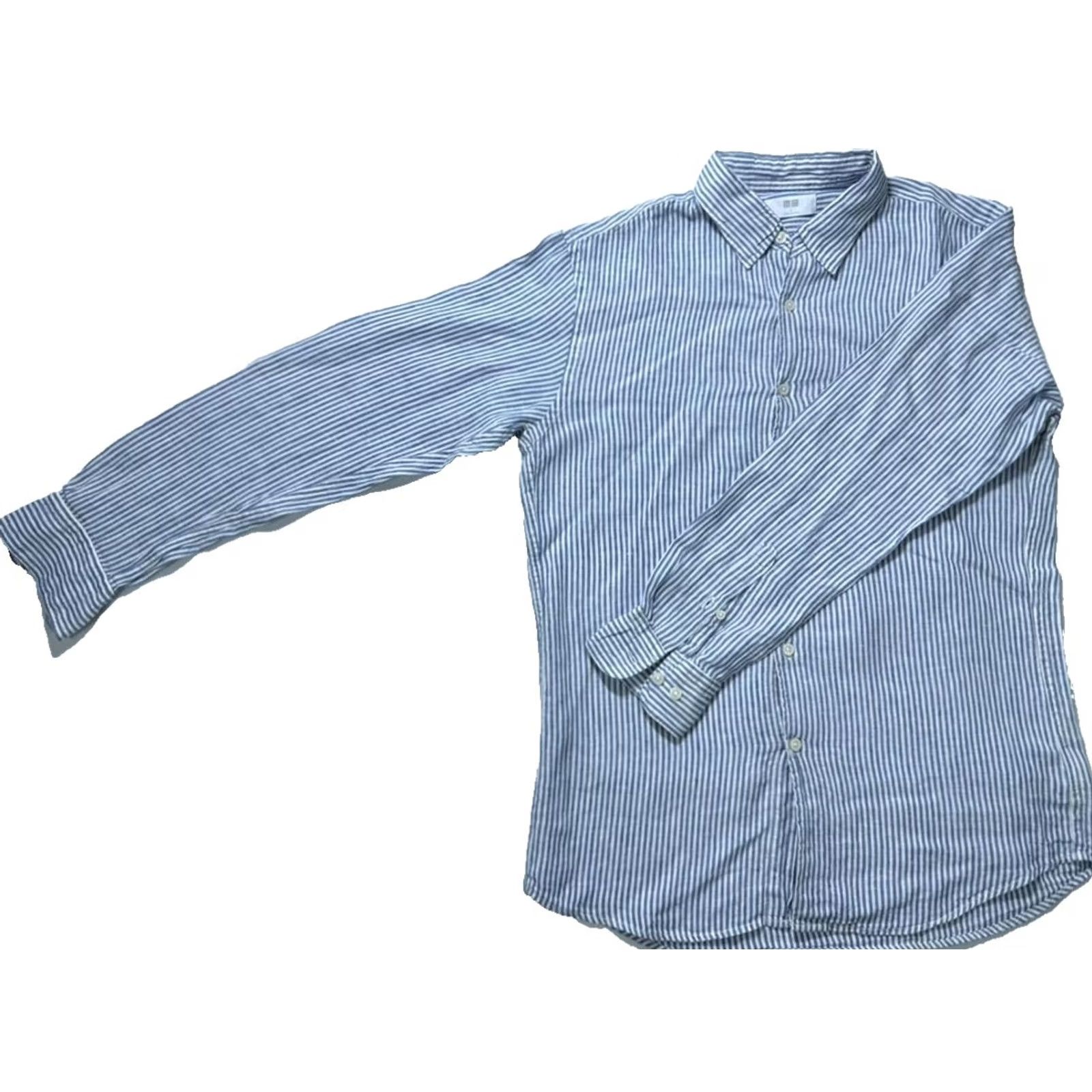 Uniqlo Uniqlo Blouse - Linen, Striped, Button, Collared, Long Sleeve, Blue/White - Size L - Casual Women's Top Size L / US 10 / IT 46 - 2 Thumbnail