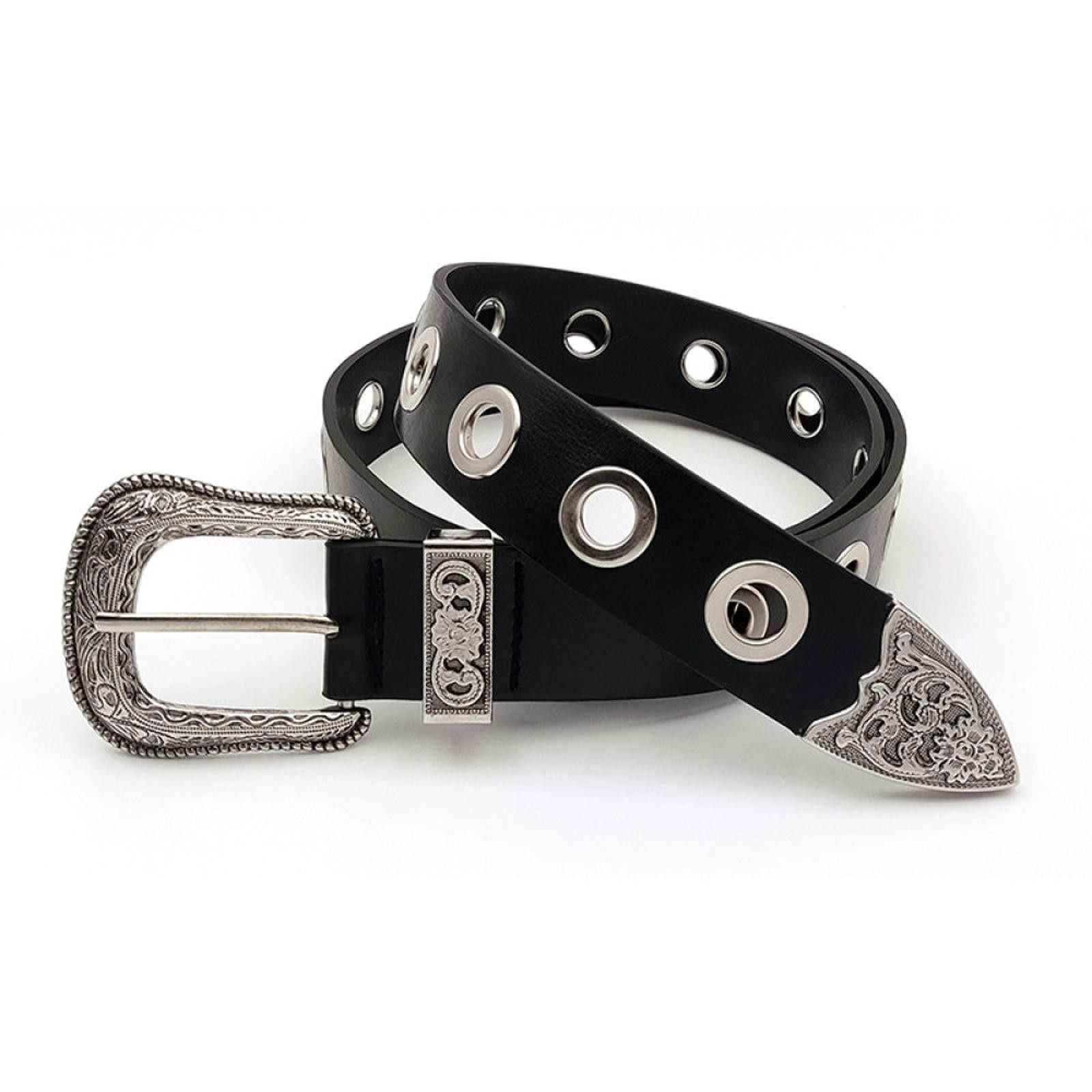 Vintage Black Leather Eyelet Belt with Decorative Buckle Size ONE SIZE - 7 Thumbnail