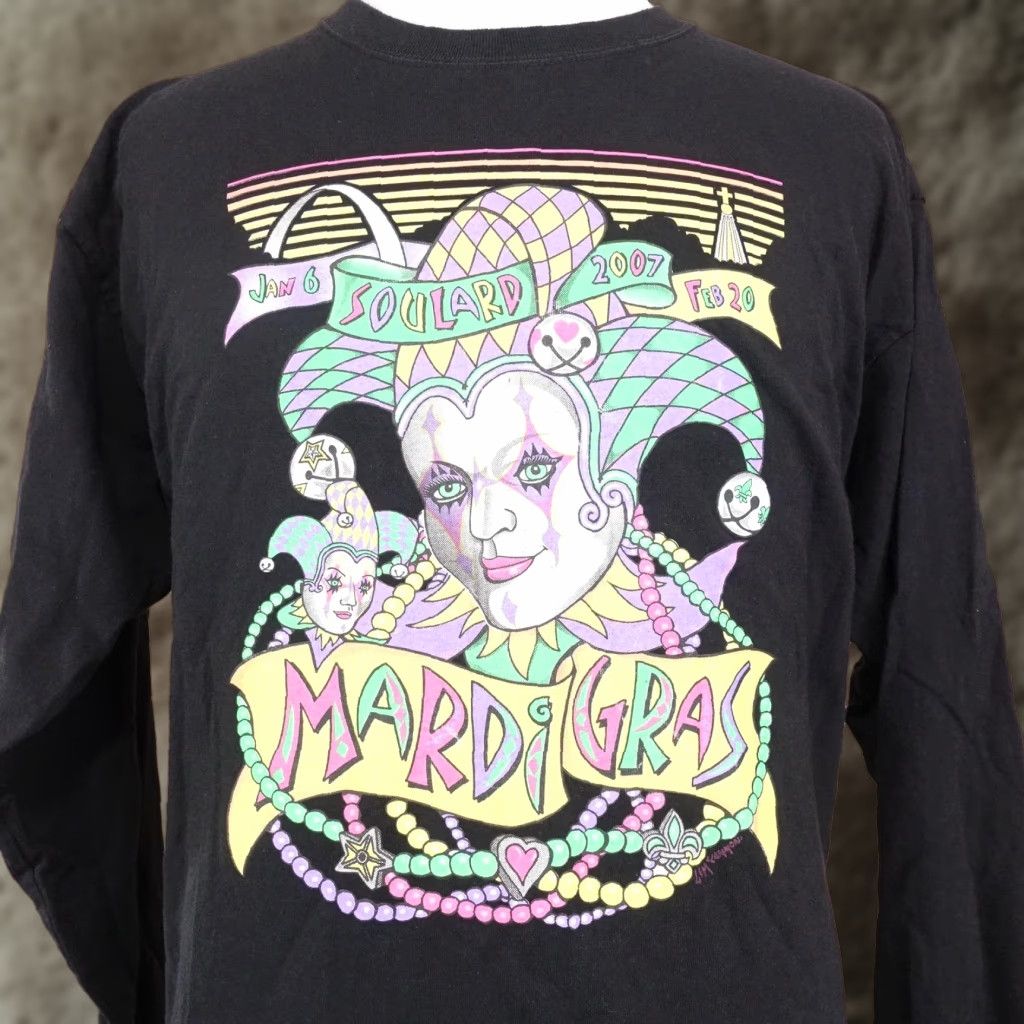 Delta VINTAGE Mardi Gras Soulard St Louis MO Long Sleeve T-Shirt Men XL Black 2000s Festival Krewe Clown Size US XL / EU 56 / 4 - 1 Thumbnail