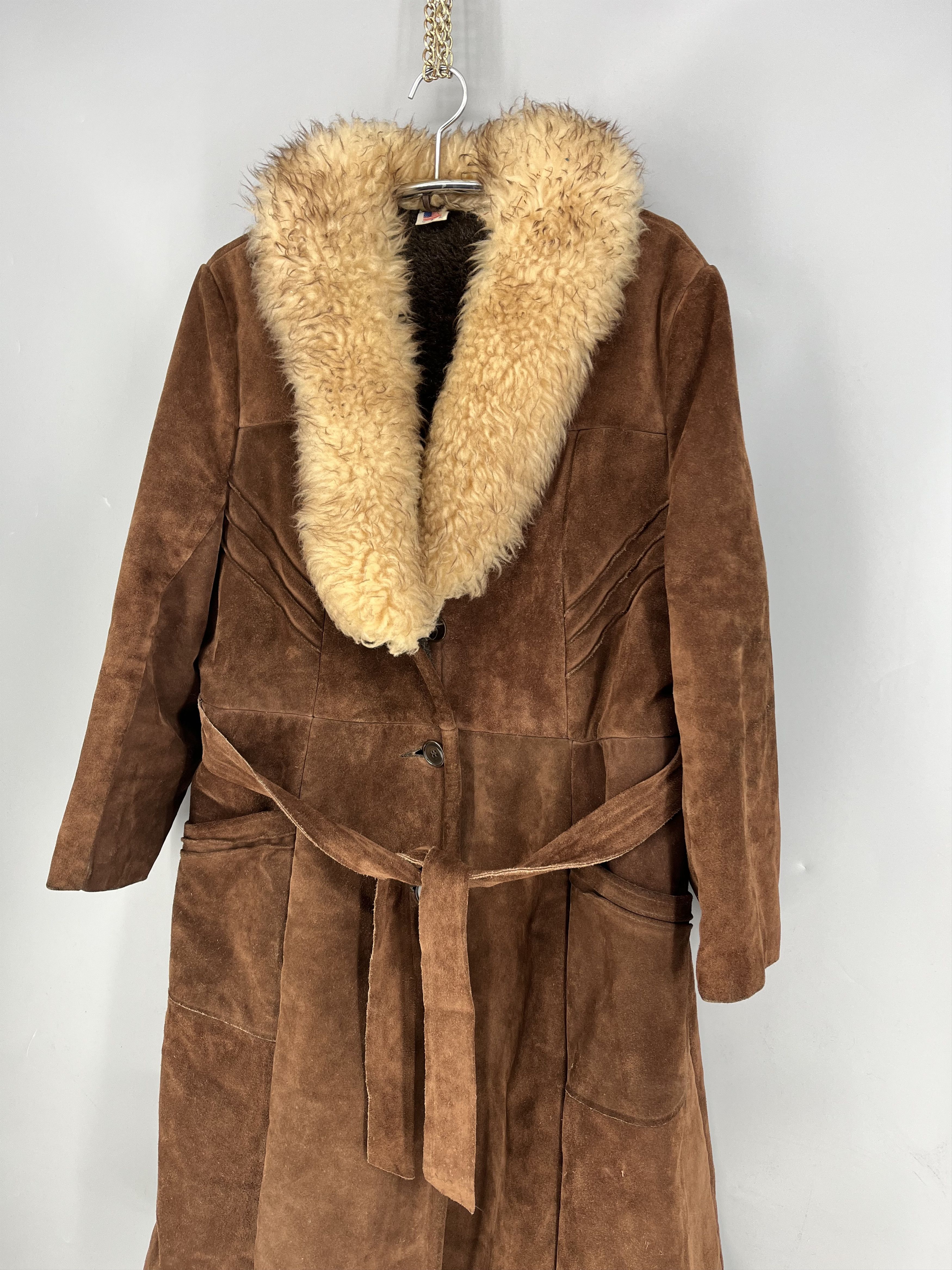 Vintage 70s Suede Shearling Coat USA Made Brown Faux Fur Lined Heavy Size US L / EU 52-54 / 3 - 4 Thumbnail