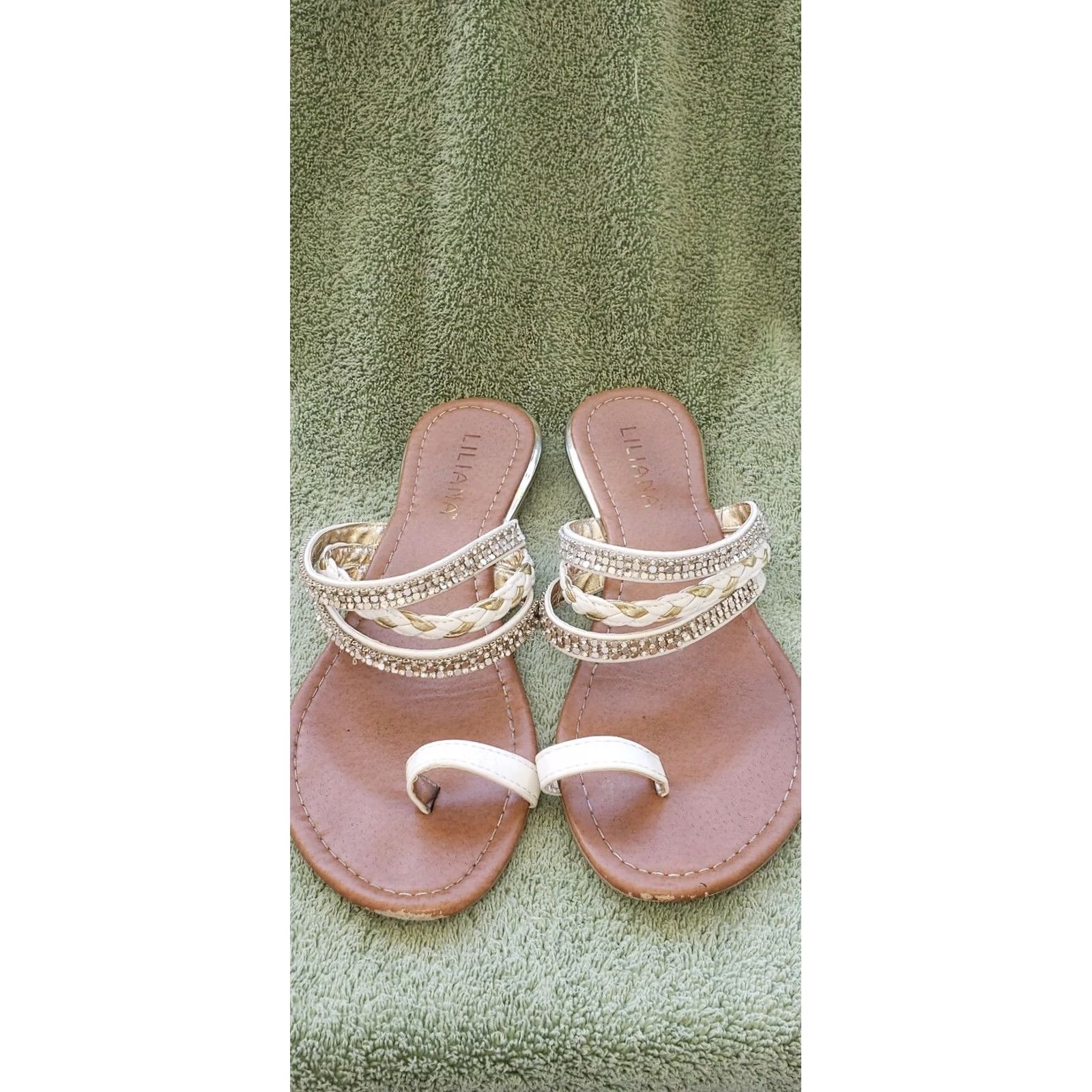 Vintage Liliana Toe Sling Sandal Slide In White with Rhinestones And Gold Leather Weave Sandal Women 10M Size US 8 / IT 38 - 3 Thumbnail