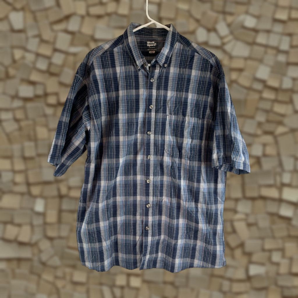 Vintage Work n' Sport Shirt XL Tall Blue Orange Plaid Button-Down Short Sleeve Men Size US XL / EU 56 / 4 - 1 Thumbnail