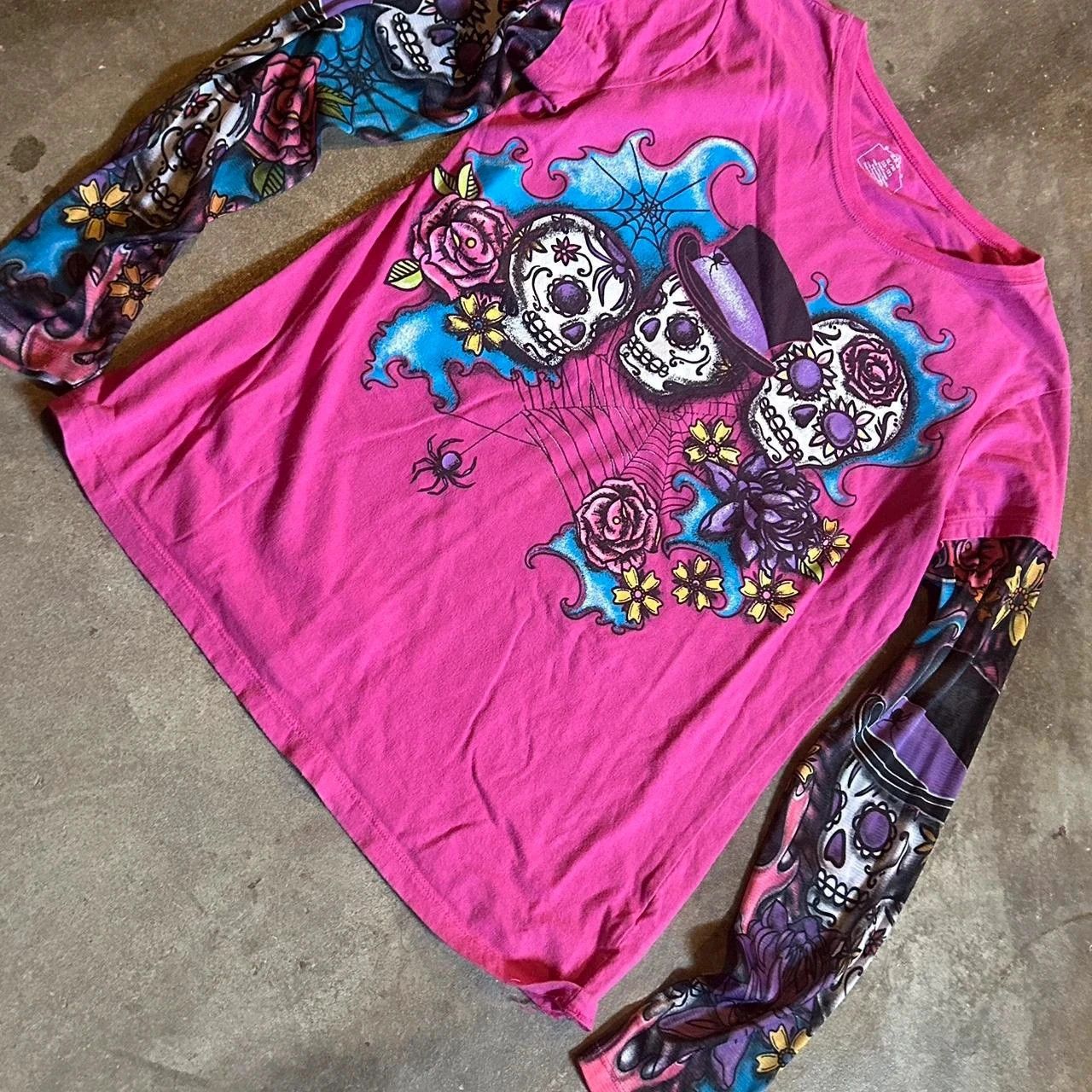 Affliction Y2K Pink sugar skull spider web graphic tattoo t-shirt Size XL / US 12-14 / IT 48-50 - 2 Thumbnail