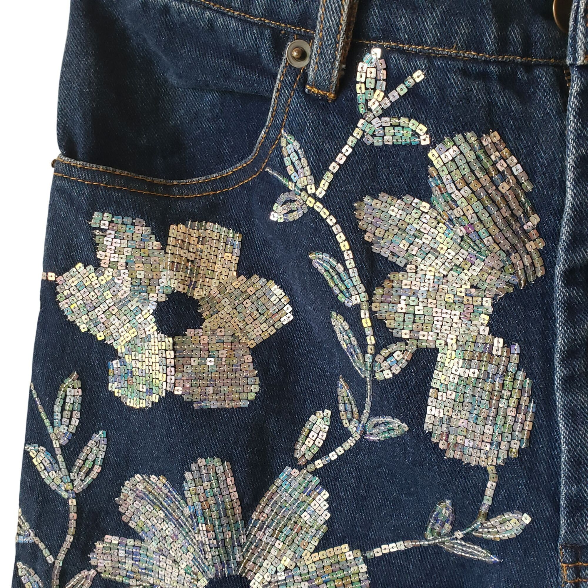 ASHISH Ashish Floral Sequin Embellished High Rise Straight Leg Blue Size 27" / US 4 / IT 40 - 5 Thumbnail