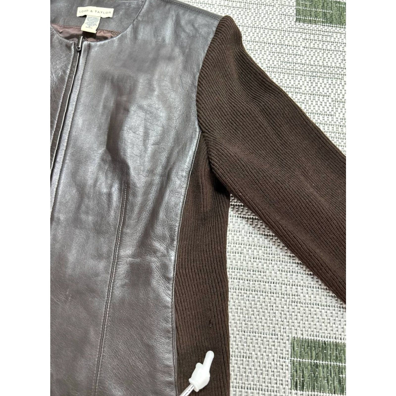 LORD & TAYLOR Leather Jacket Womens 6 Brown Wool Paneling Full Zip Round Neck Jacket