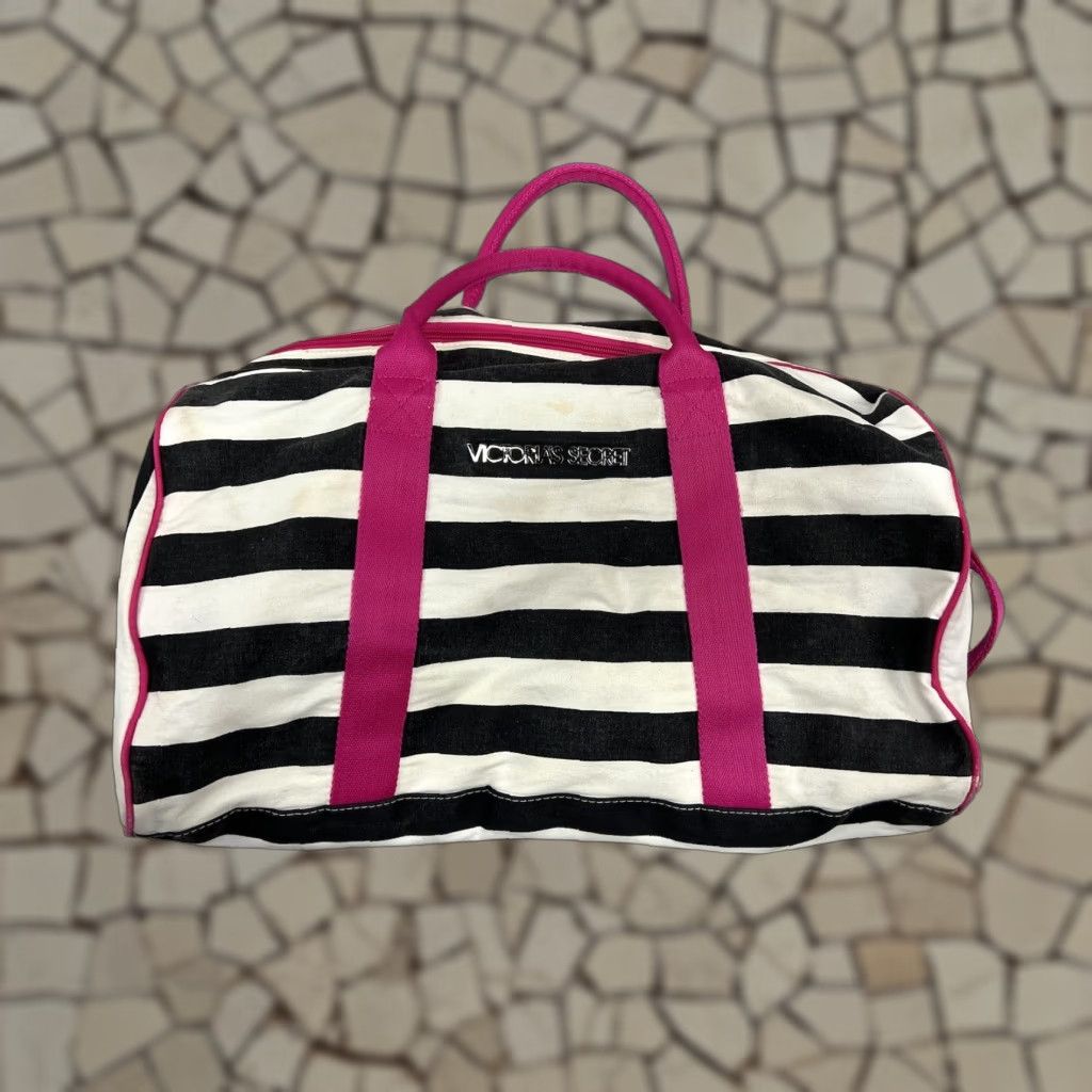 Victorias Secret Victoria's Secret Tote Bag Duffle Pink White Black Striped Overnight Weekender, Women's