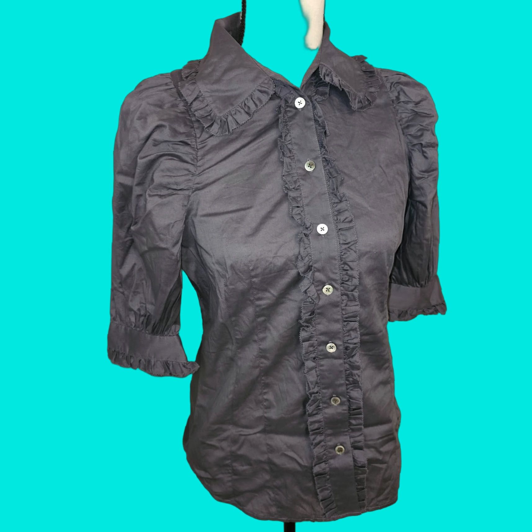 Vintage SweetFace Button-Up Blouse Shirt Women's Gray 3/4 Sleeve V-Neck Ruffle Trim Size 2 Regular Size XS / US 0-2 / IT 36-38 - 1 Thumbnail