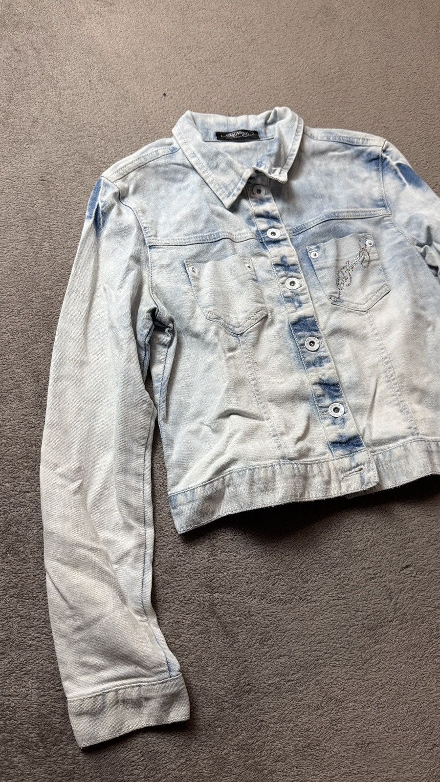 Ed Hardy Y2K Ed Hardi Vintage Rhinestone Washed Denim Cropped Jacket Size S / US 4 / IT 40 - 4 Thumbnail