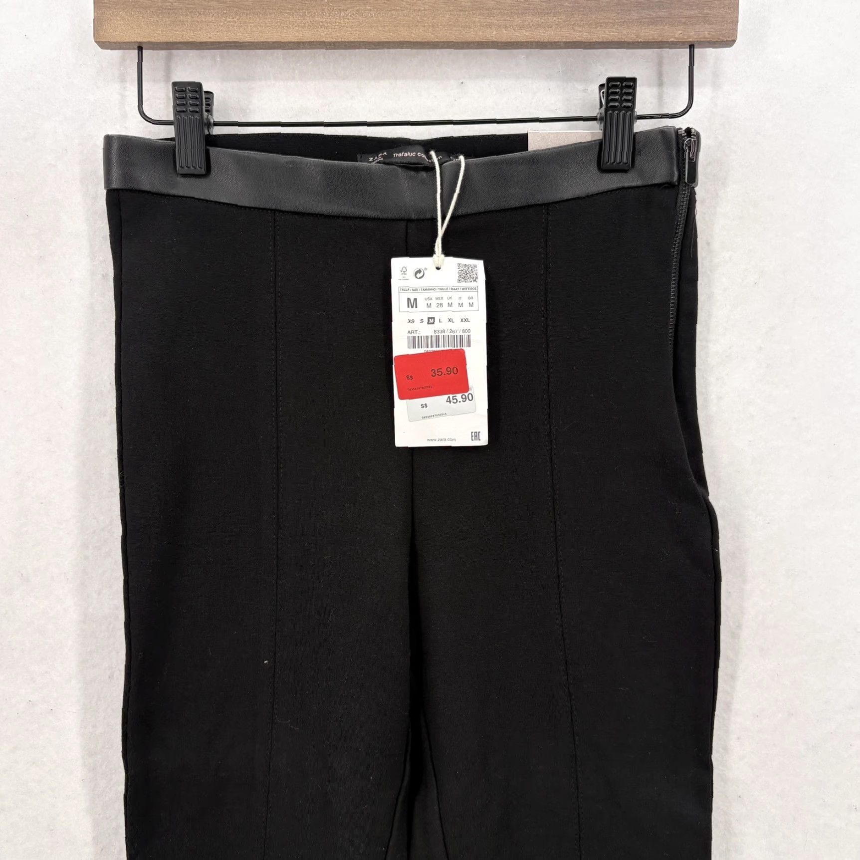 Zara Zara Trafaluc Pants Womens Medium Black Mid Rise Faux Leather Trim Leggings NWT Size 32" / US 10 / IT 46 - 2 Thumbnail
