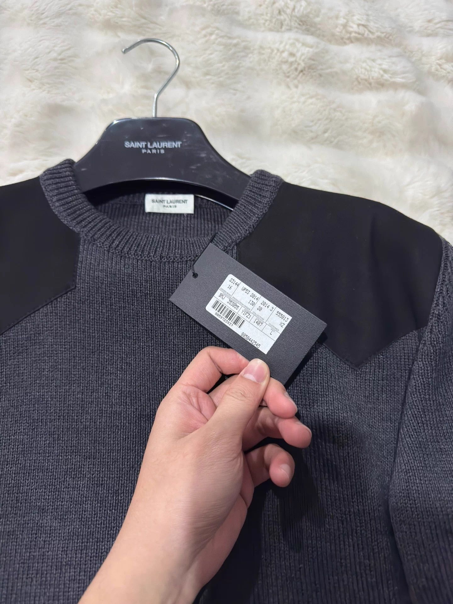 Saint Laurent Paris YSL 2014 men's gray lambskin leather knit sweater L Size US L / EU 52-54 / 3 - 2 Thumbnail