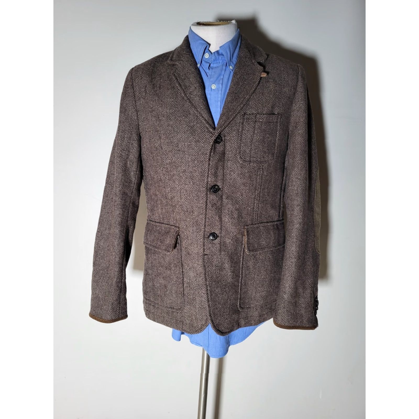 H&M LOGG M Medium Brown Norfolk Field Tweed Herringbone Elbow Coat Blazer Jacket Size 40R - 4 Thumbnail