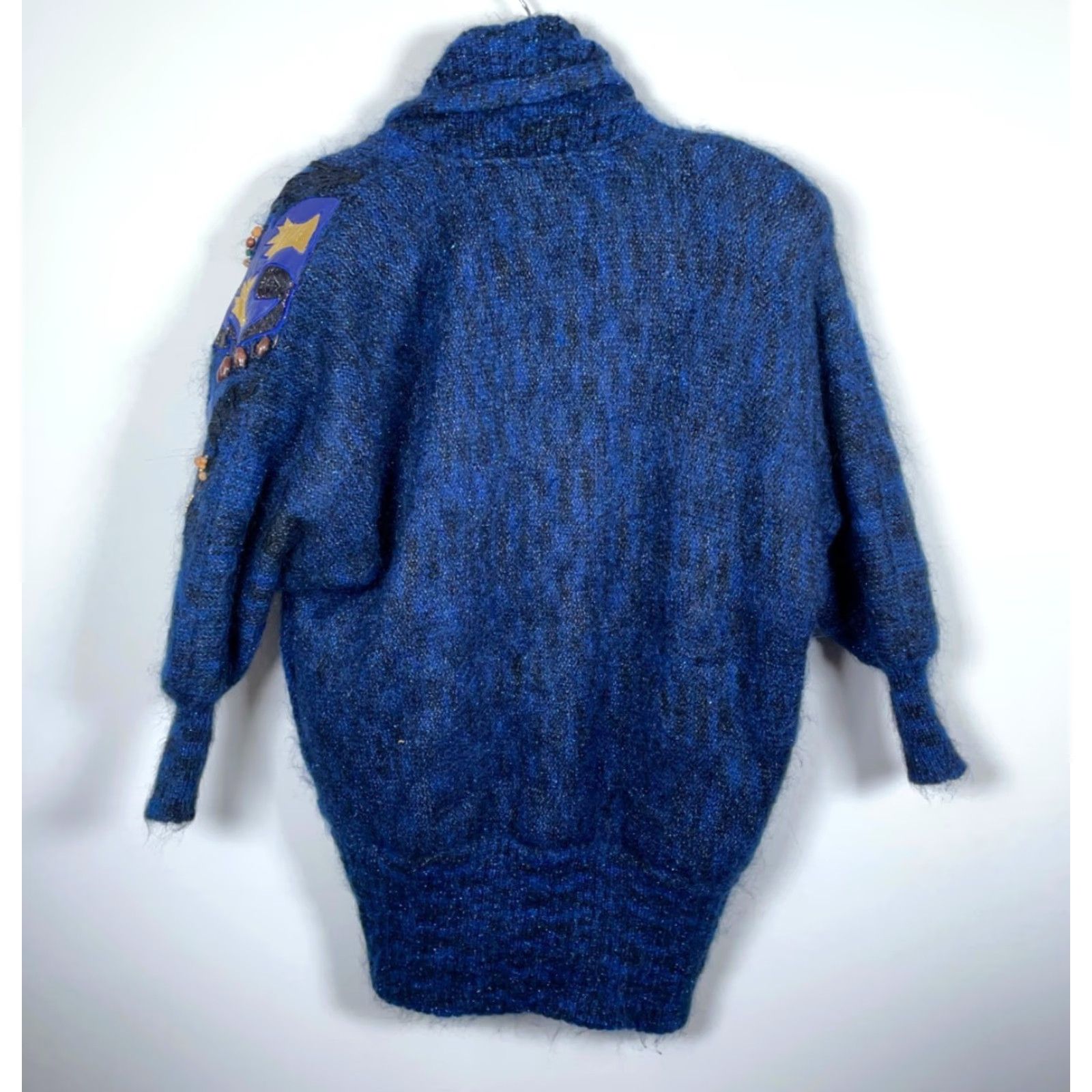 Vintage VINTAGE Edwards Cardigan Women's One Size Blue Mohair Oversized Shawl Collar Leather Trim Knitted Casual 90s Style Size ONE SIZE - 2 Thumbnail