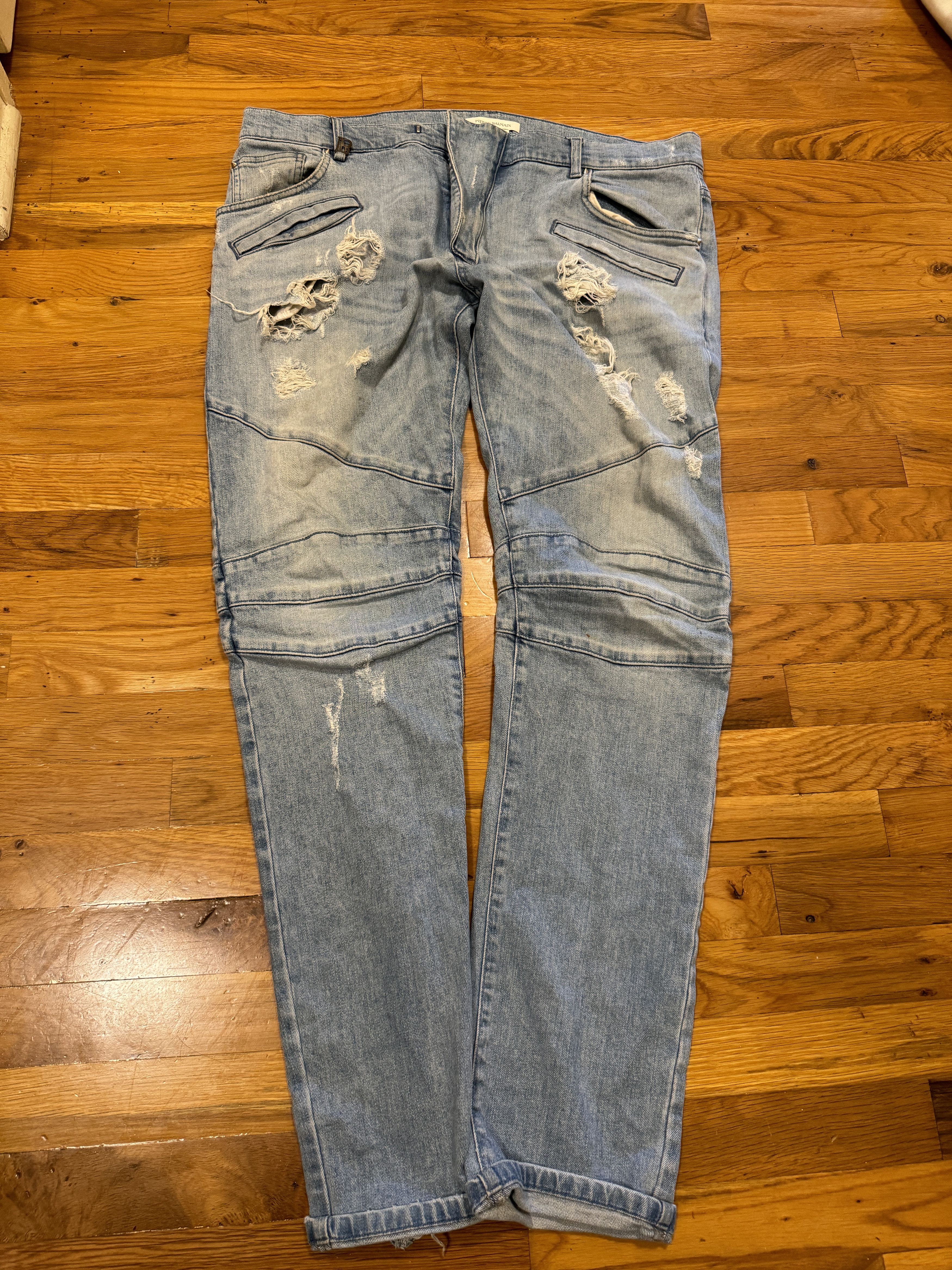 image of Pierre Balmain Jeans Paris Distressed Denim Moto Biker in Blue, Men's (Size 34)