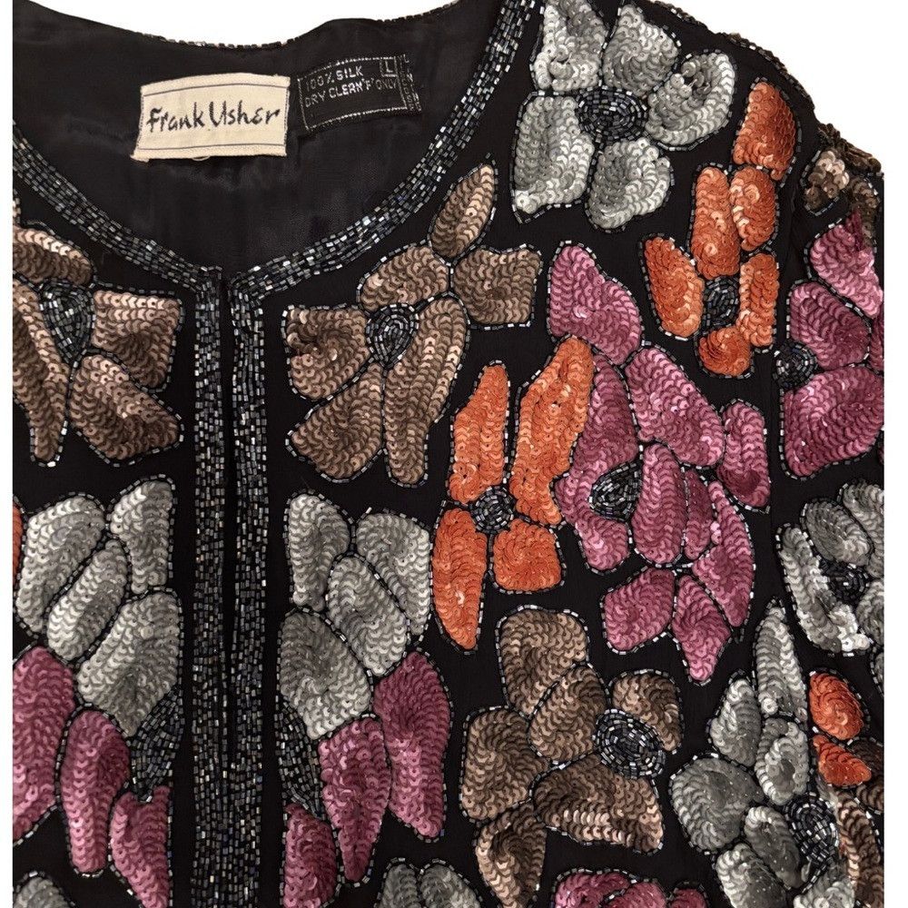 Vintage Vintage Frank Usher Beaded Silk Floral Patterned Cardigan Size L / US 10 / IT 46 - 3 Thumbnail