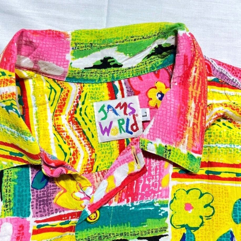 VINTAGE Jams World Hawaiian Shirt Men's Large Casual Floral Short Sleeve Cotton 80s Camp Retro