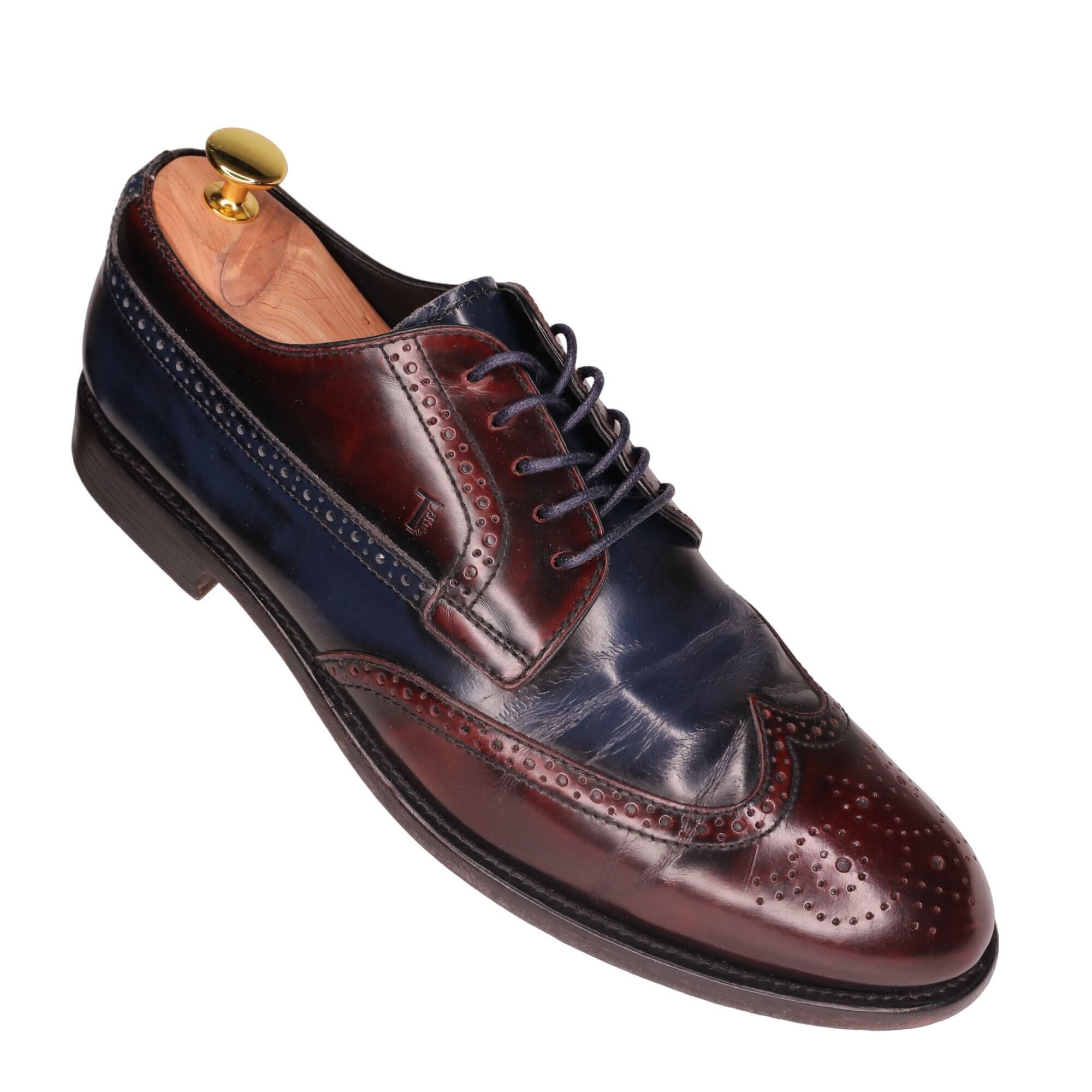 image of Tods Tod's Men 10.5 Italy Burgundy Navy Blue Leather Wingtip Shoe in Navy Blue/Burgundy