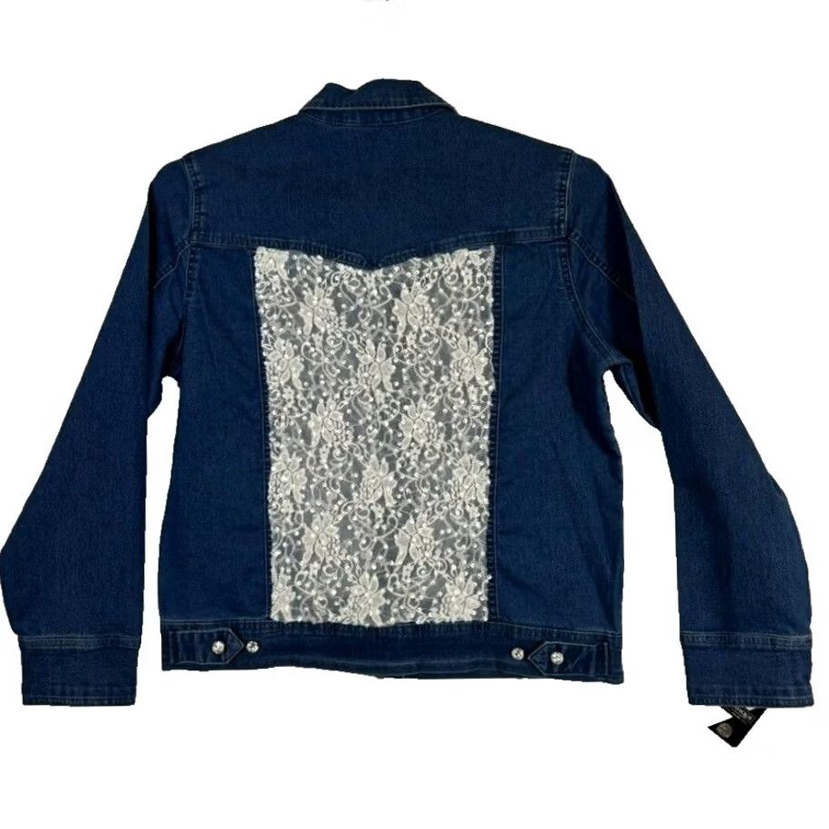 Vintage Fashque Studio Jacket Women's M Denim Blue Lace Stitch Rhinestone Buttons Pockets Sequin Lightweight Casual Size M / US 6-8 / IT 42-44 - 2 Thumbnail