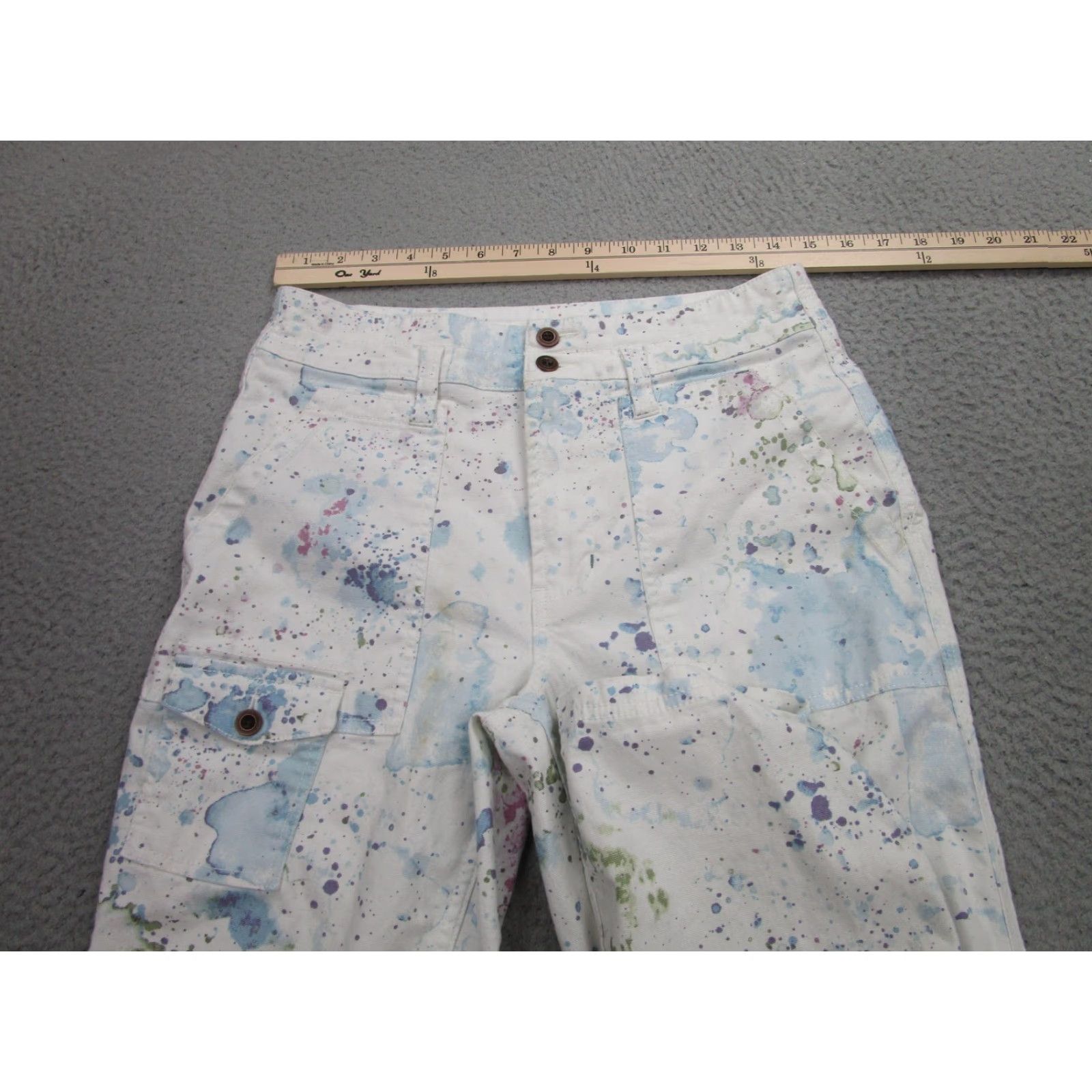 VINTAGE Anthropologie The Wanderer Pants Women 27 White Paint Splatter Cargo Stretch Twill